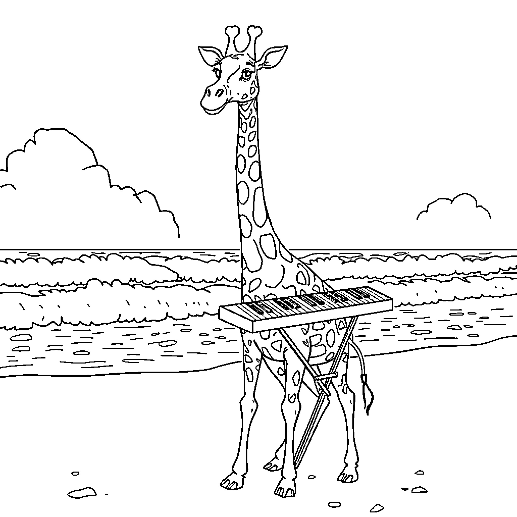 Giraffe playing a musical instrument in the wilderness Coloring Page (free black-and-white line drawing printable PDF for all, from beginners to advanced learners, including children, teens, adults, and seniors)
