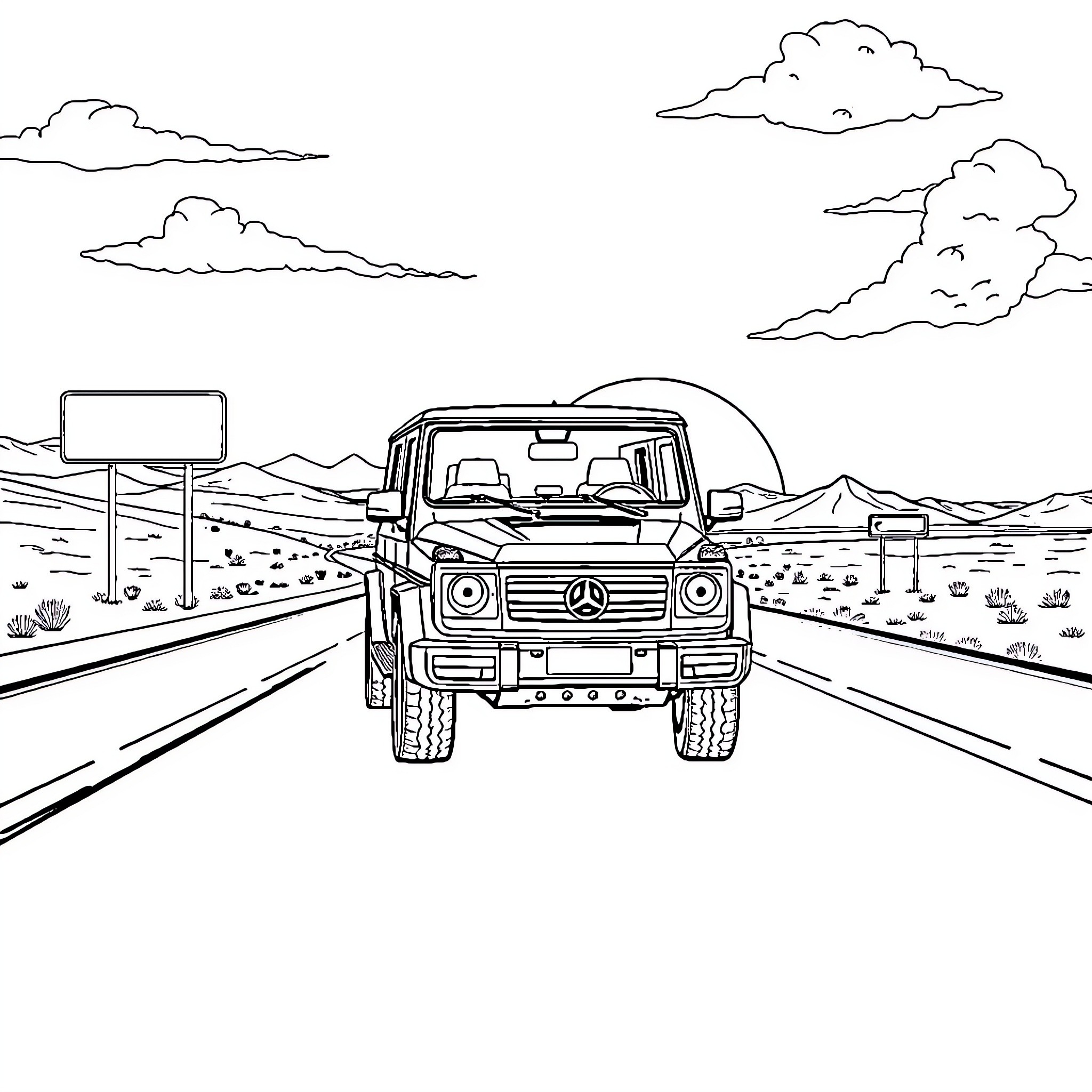 SUV traversing the open road in the desert Coloring Page (free black-and-white line drawing printable PDF for all, from beginners to advanced learners, including children, teens, adults, and seniors)