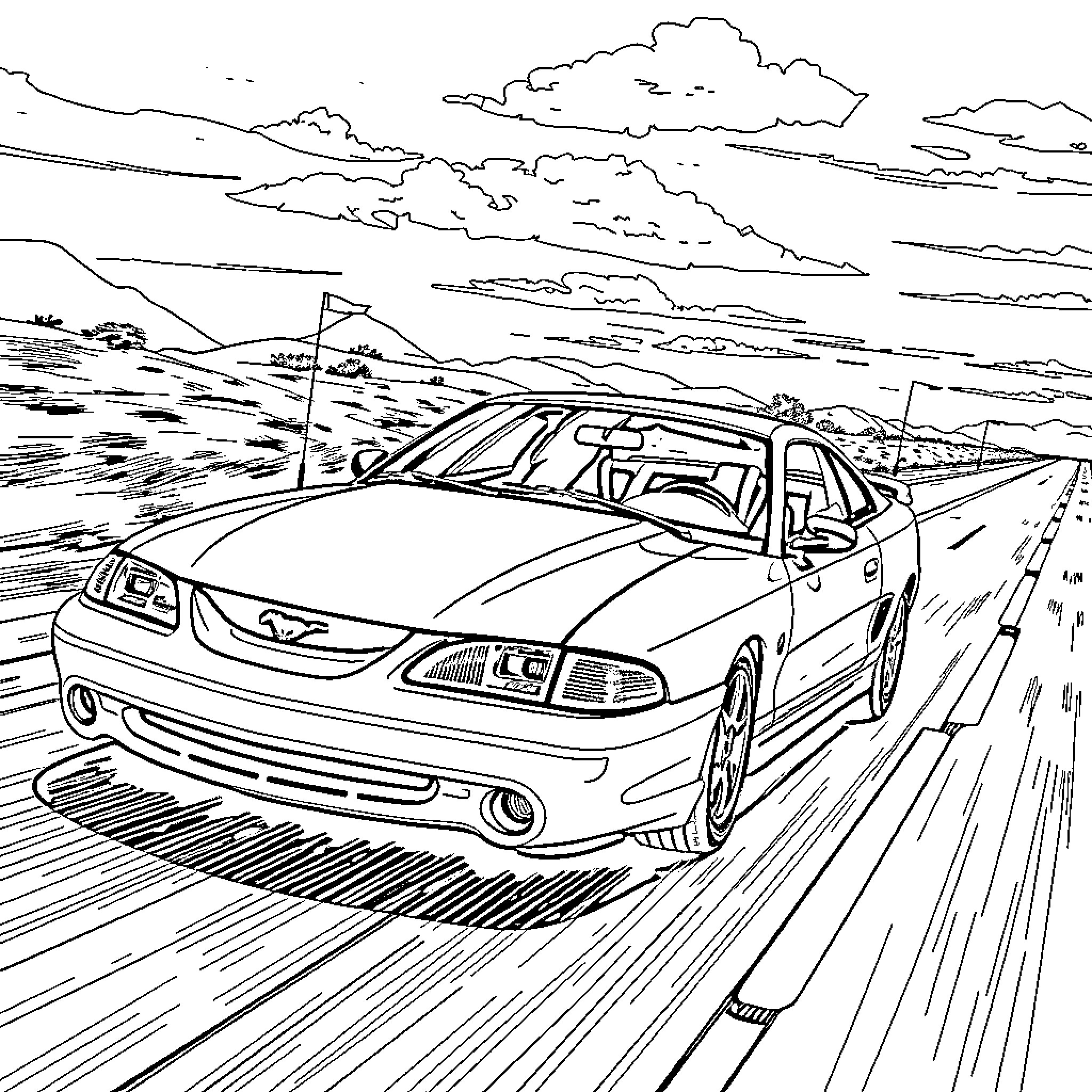 Mustang speeding along the open road Coloring Page (free black-and-white line drawing printable PDF for all, from beginners to advanced learners, including children, teens, adults, and seniors)