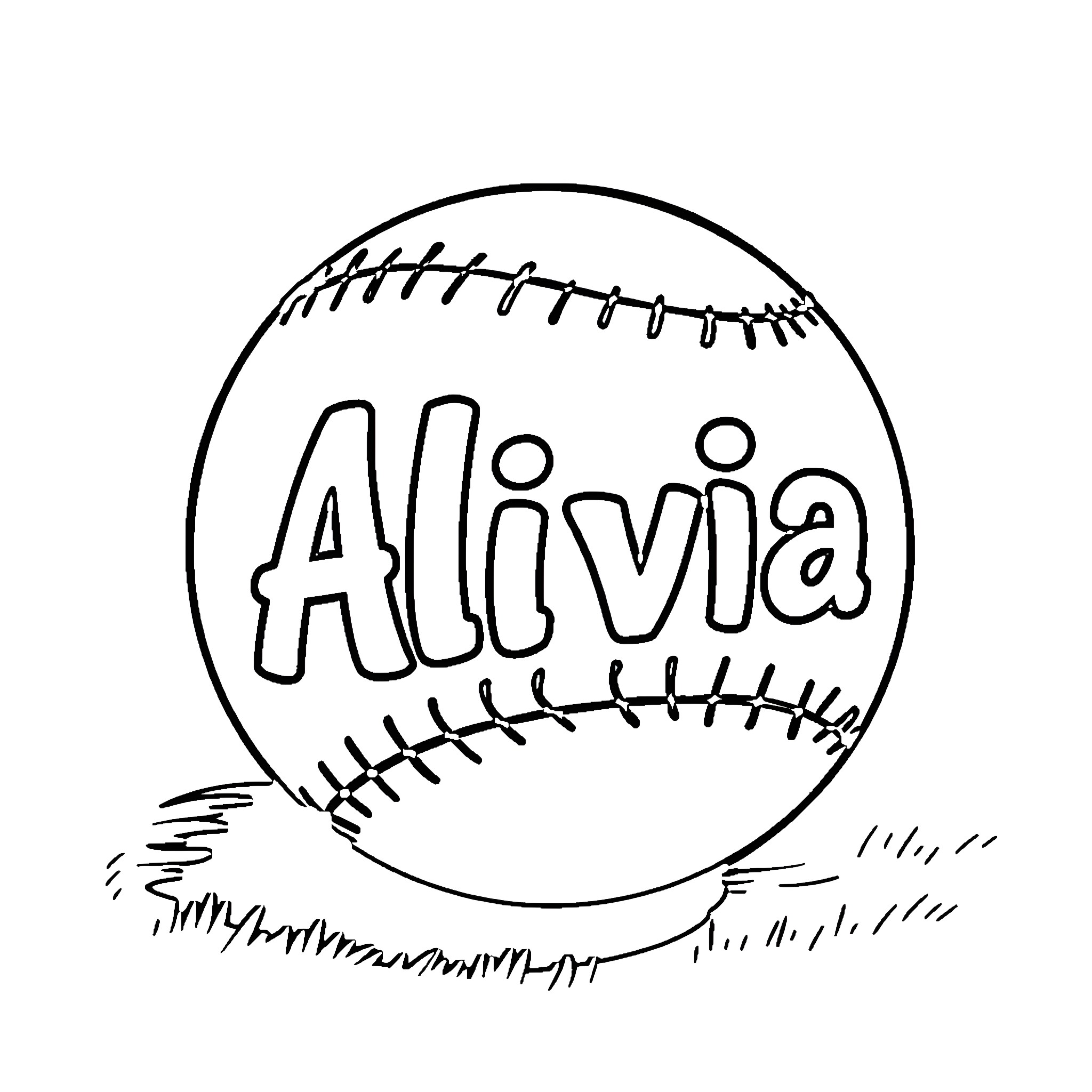 Softball with name Alivia on it Coloring Page (free black-and-white line drawing printable PDF for all, from beginners to advanced learners, including children, teens, adults, and seniors)