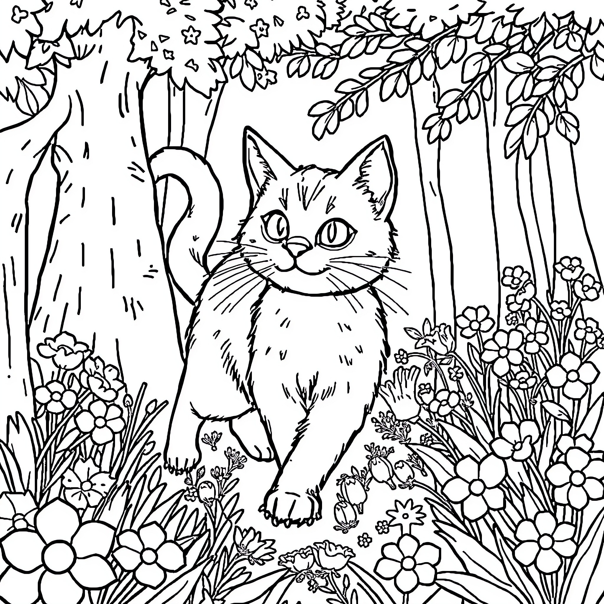 Cat exploring magical forest landscape Coloring Page (free black-and-white line drawing printable PDF for all, from beginners to advanced learners, including children, teens, adults, and seniors)