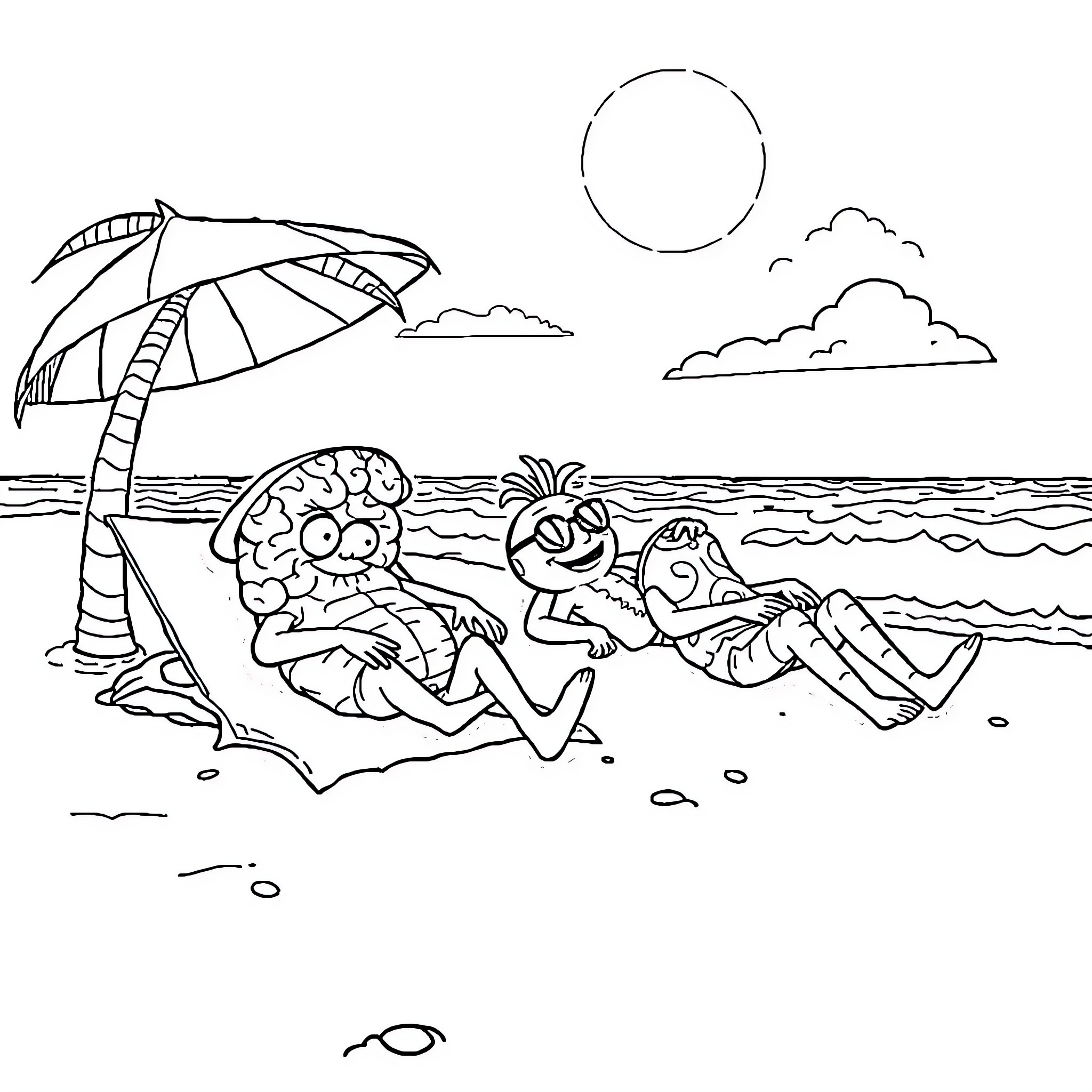Brain Rot Beachgoers Relaxing Under Sunny Skies Coloring Page (free black-and-white line drawing printable PDF for all, from beginners to advanced learners, including children, teens, adults, and seniors)