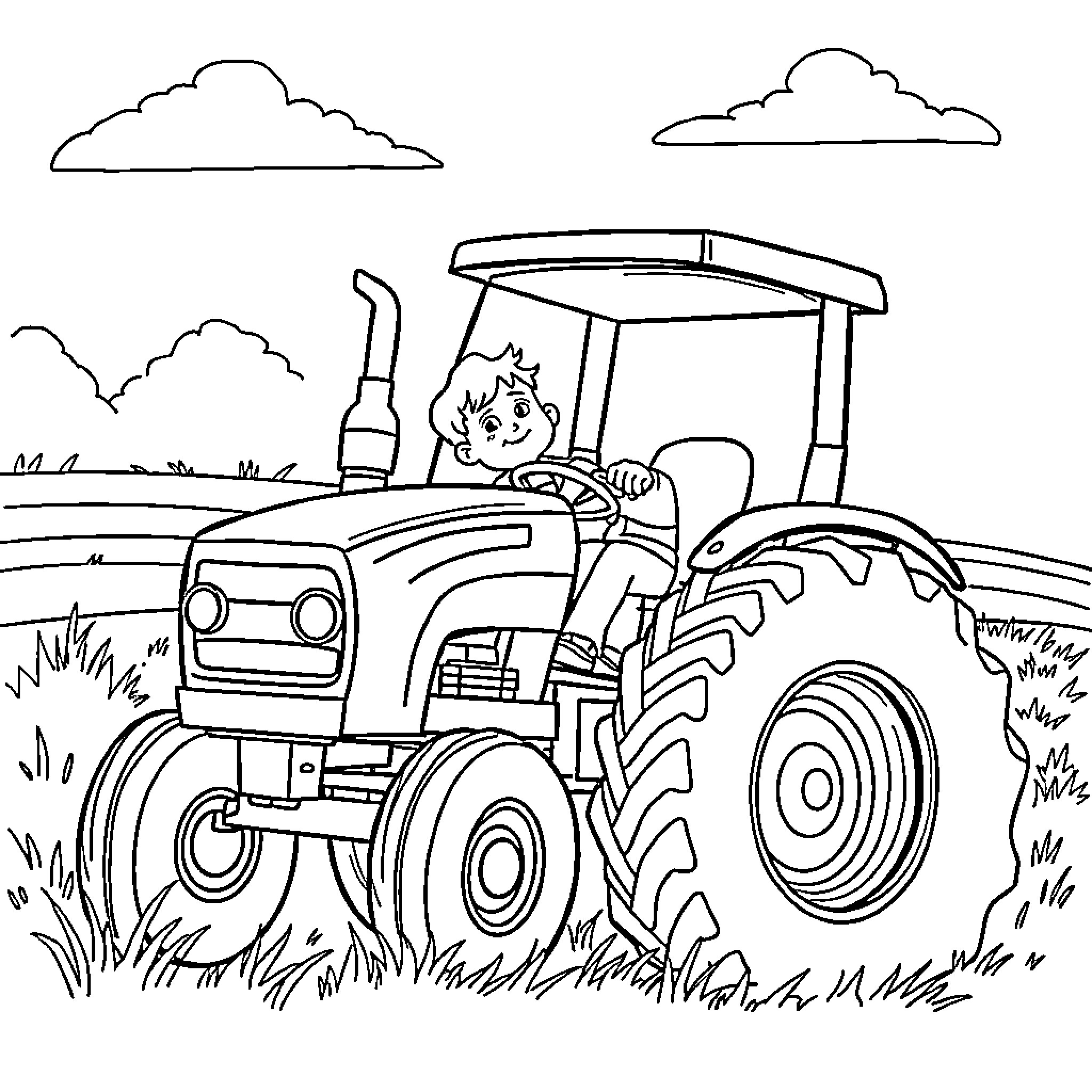 Tractor driver exploring the countryside Coloring Page (free black-and-white line drawing printable PDF for all, from beginners to advanced learners, including children, teens, adults, and seniors)