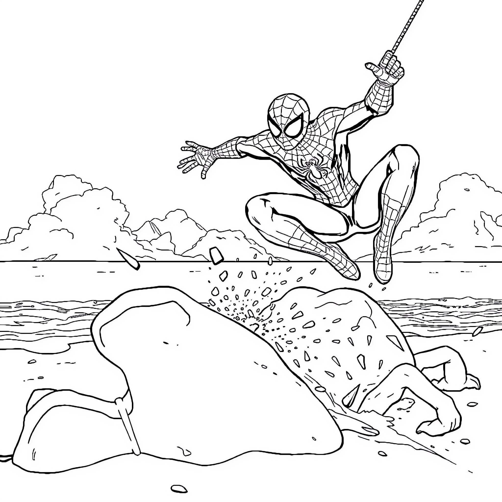 Spiderman swinging over rocks and waves Coloring Page (free black-and-white line drawing printable PDF for all, from beginners to advanced learners, including children, teens, adults, and seniors)