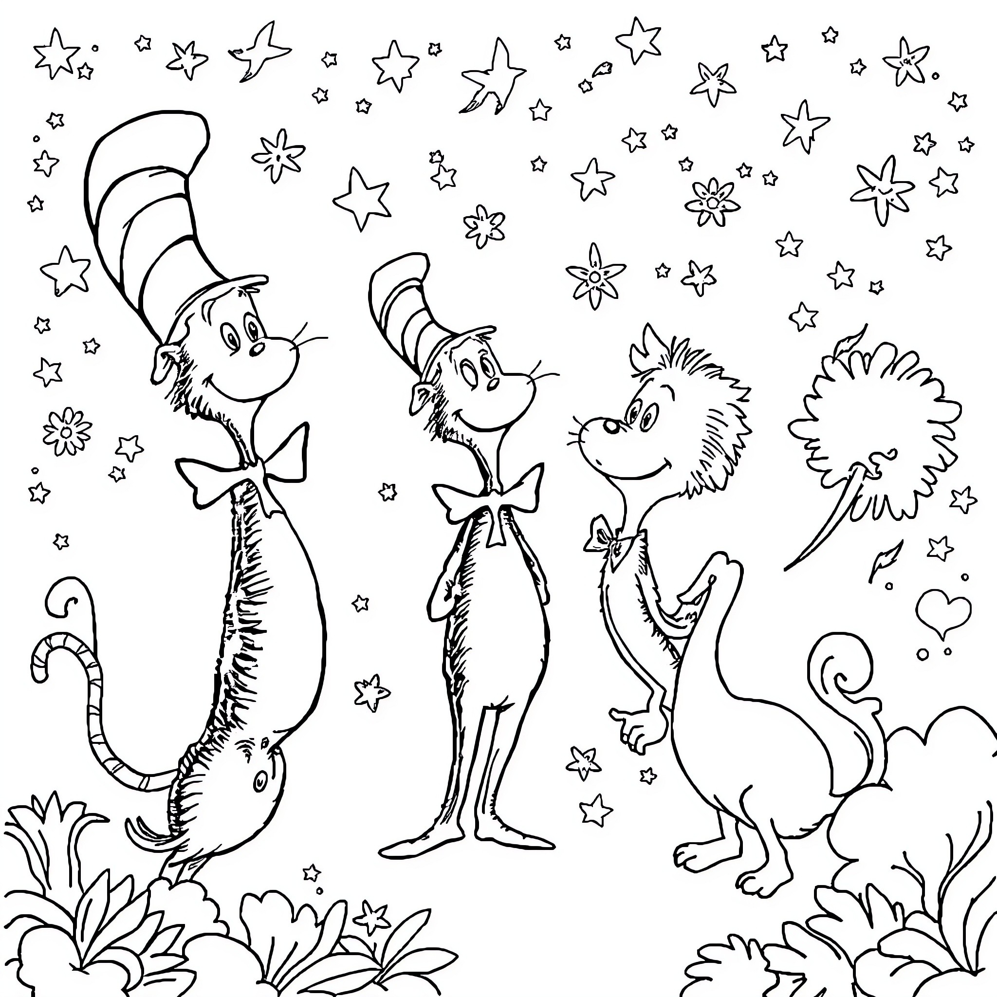 Dr. Seuss characters in a whimsical, star-filled scene Coloring Page (free black-and-white line drawing printable PDF for all, from beginners to advanced learners, including children, teens, adults, and seniors)