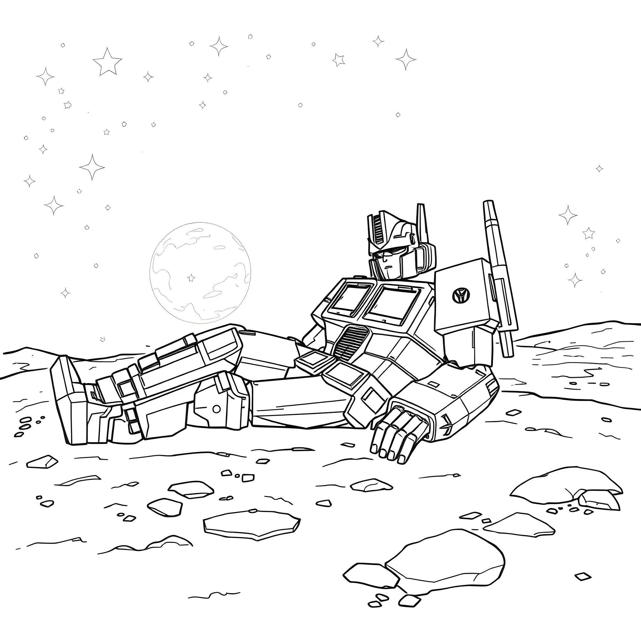 Optimus Prime exploring a celestial landscape Coloring Page (free black-and-white line drawing printable PDF for all, from beginners to advanced learners, including children, teens, adults, and seniors)