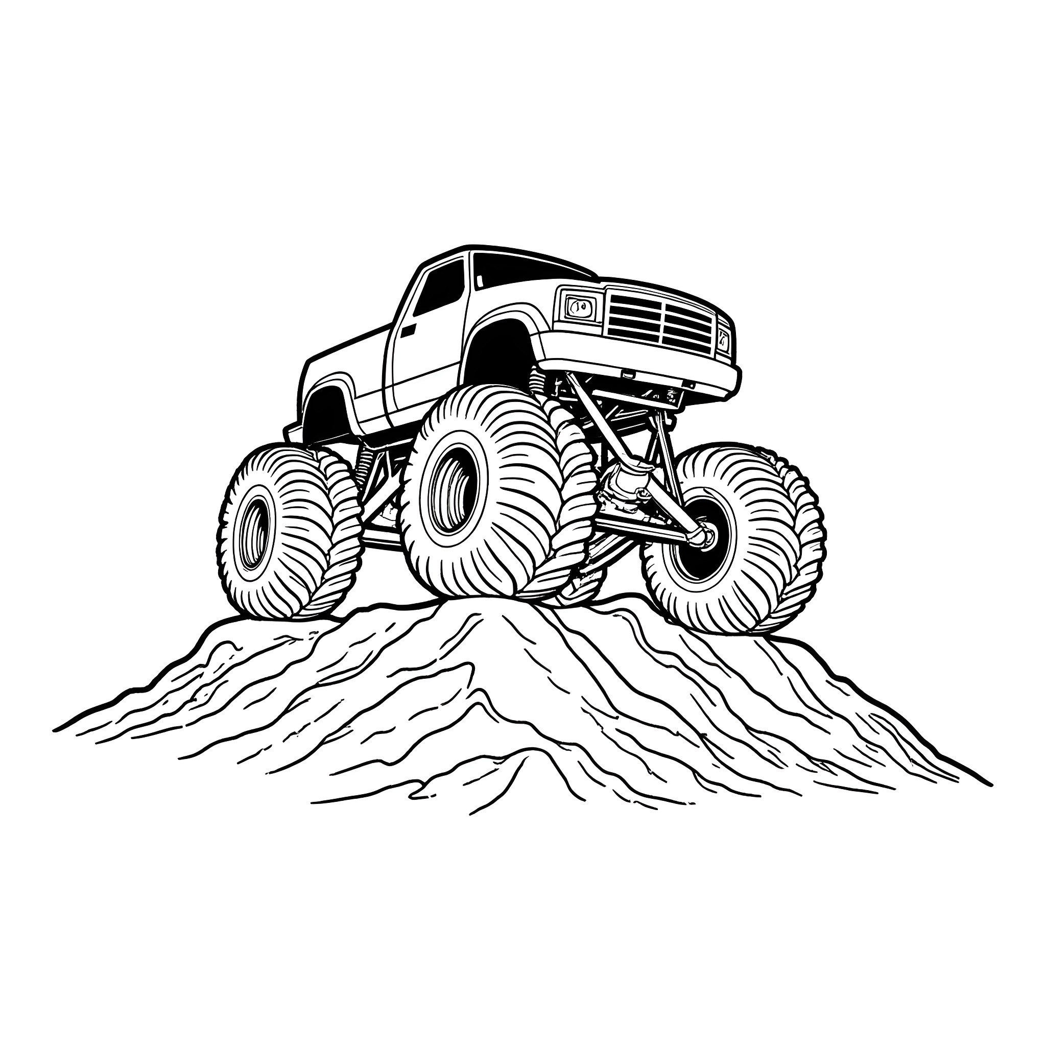 Monster Truck Conquering the Mountainous Terrain Coloring Page (free black-and-white line drawing printable PDF for all, from beginners to advanced learners, including children, teens, adults, and seniors)