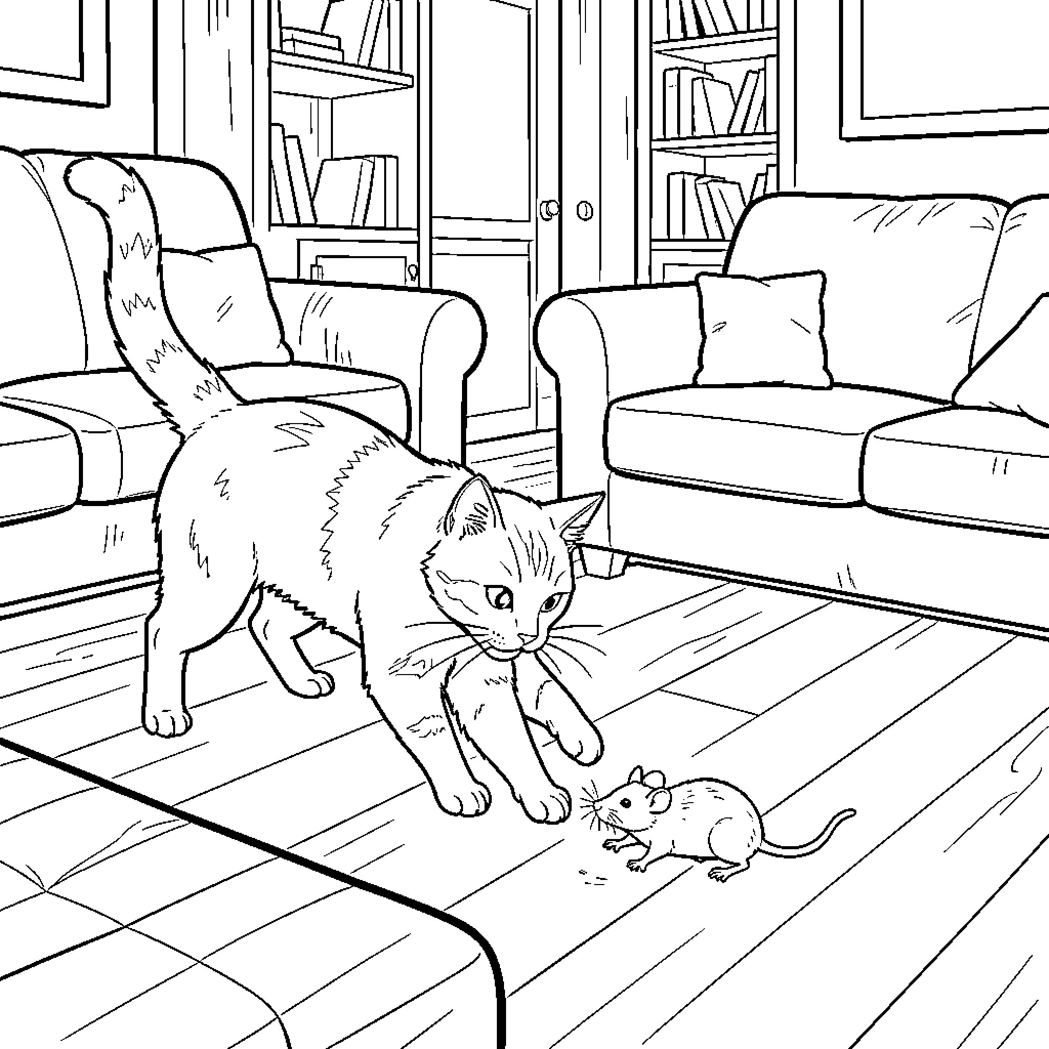 Cat pouncing on a little mouse in the living room Coloring Page (free black-and-white line drawing printable PDF for all, from beginners to advanced learners, including children, teens, adults, and seniors)