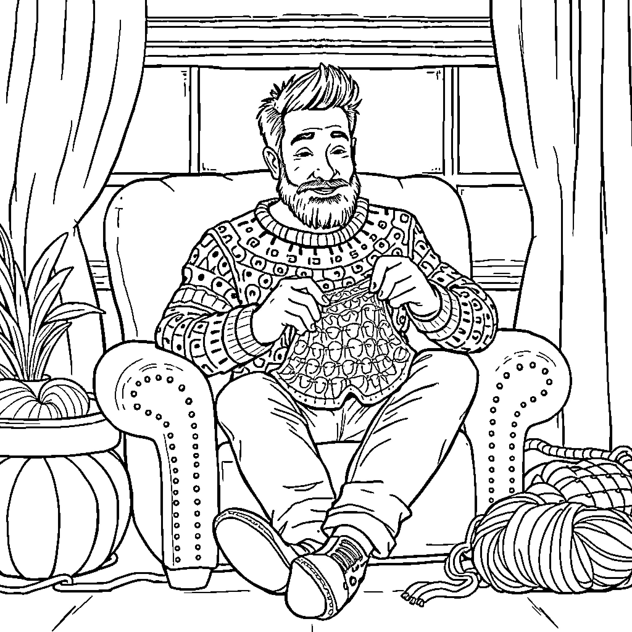 Jake Sully relaxing in an ornate chair Coloring Page (free black-and-white line drawing printable PDF for all, from beginners to advanced learners, including children, teens, adults, and seniors)