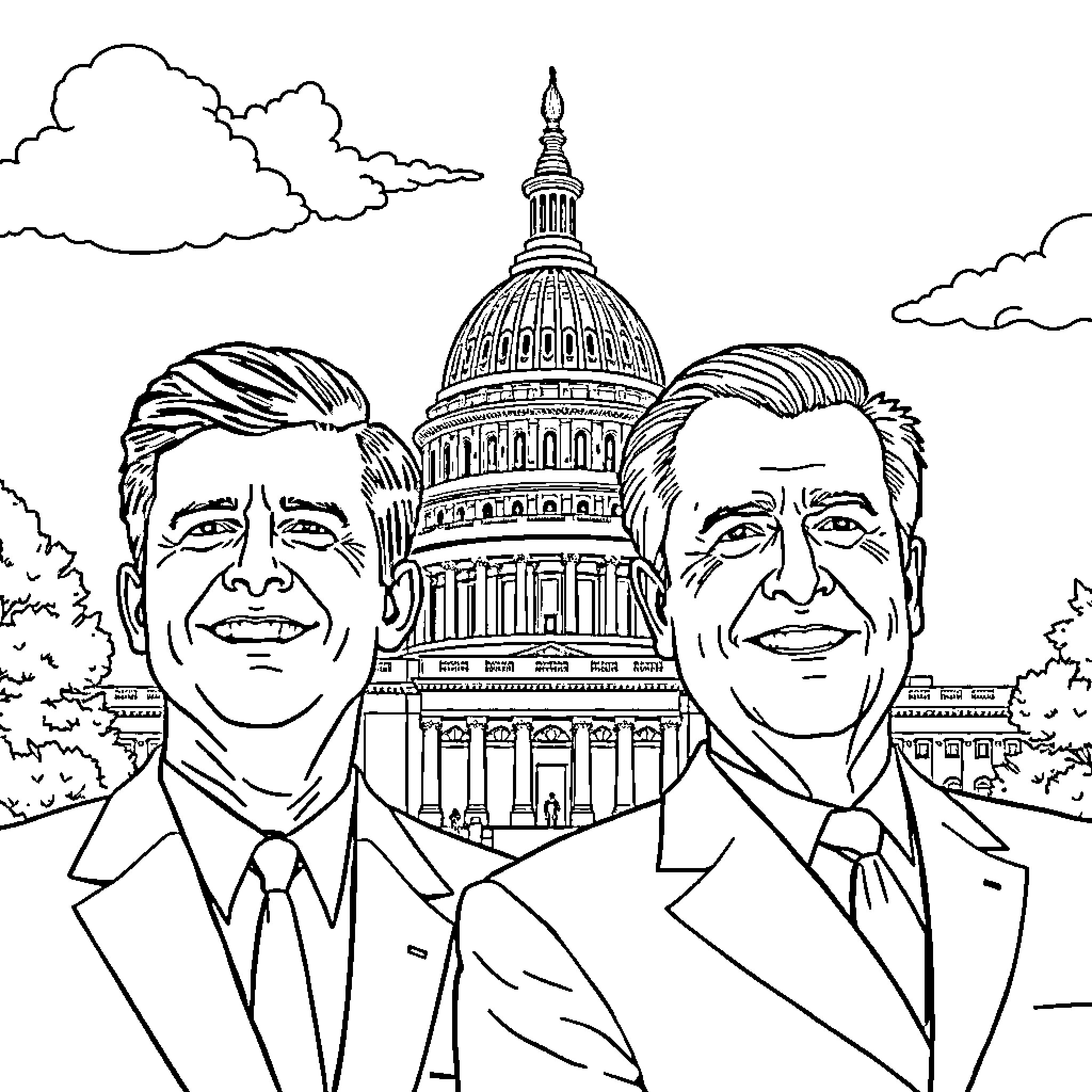 JFK Politicians in front of US Capitol Building Coloring Page (free black-and-white line drawing printable PDF for all, from beginners to advanced learners, including children, teens, adults, and seniors)