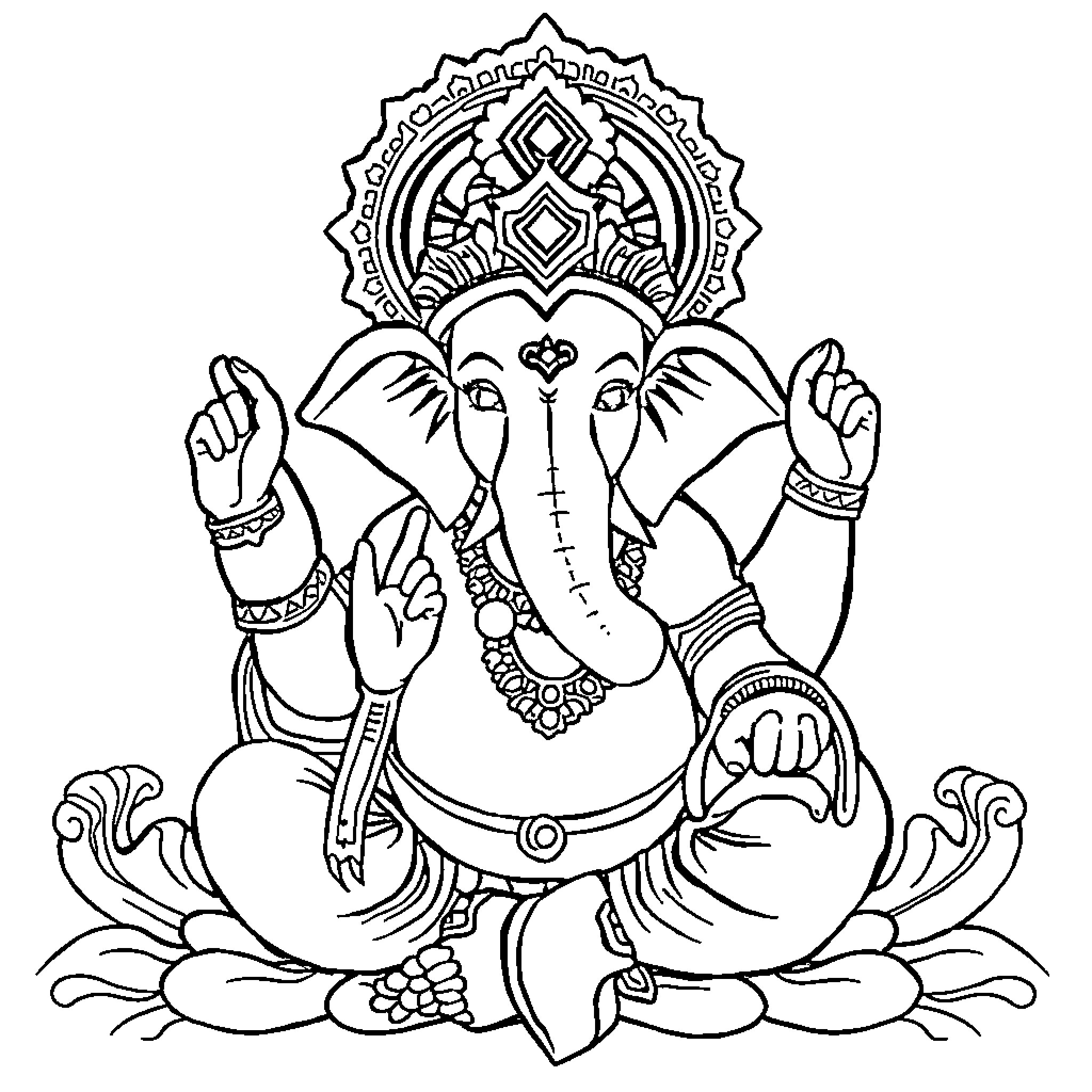 Lord Ganesha in Meditative Pose Coloring Page (free black-and-white line drawing printable PDF for all, from beginners to advanced learners, including children, teens, adults, and seniors)