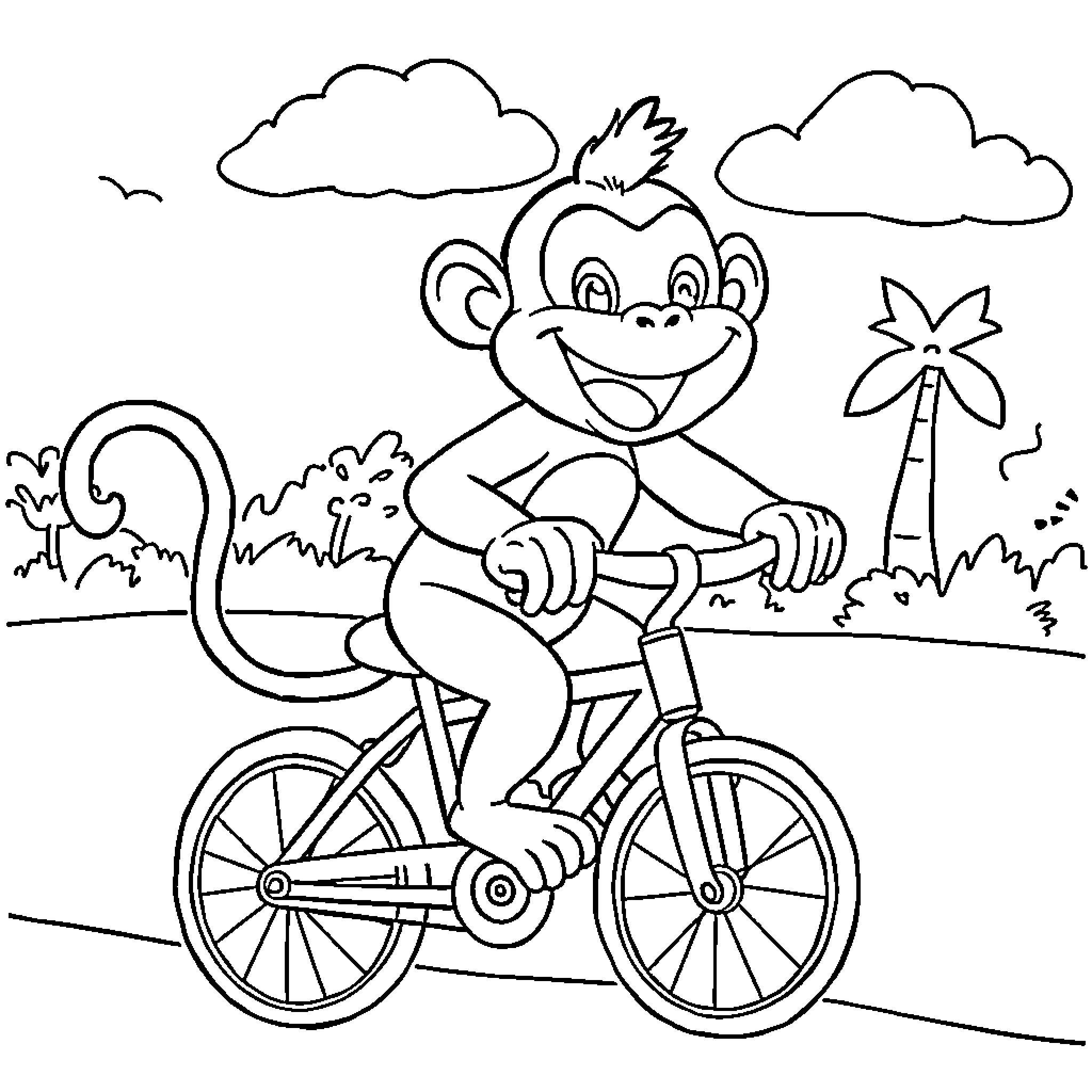 Monkey riding a bicycle in the park Coloring Page (free black-and-white line drawing printable PDF for all, from beginners to advanced learners, including children, teens, adults, and seniors)
