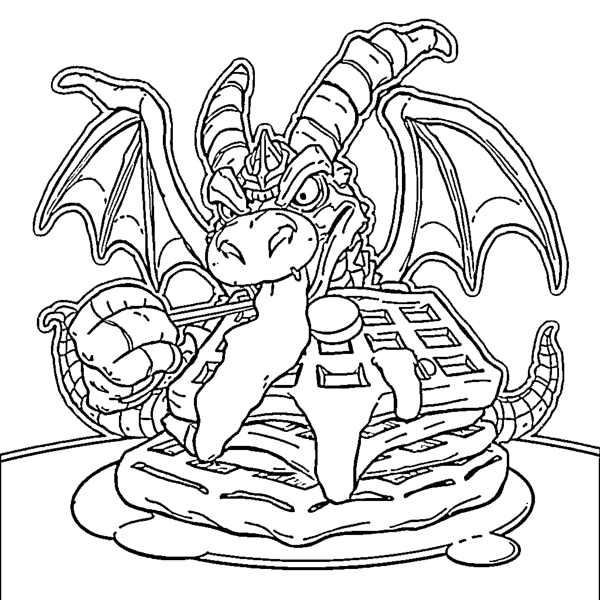 Demogorgon dragon guarding ancient ruins Coloring Page (free black-and-white line drawing printable PDF for all, from beginners to advanced learners, including children, teens, adults, and seniors)