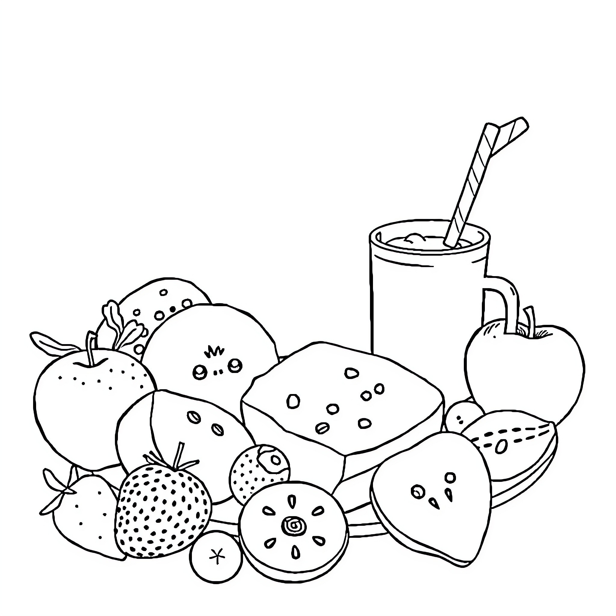 Breakfast with Assorted Fruits and Beverage Coloring Page (free black-and-white line drawing printable PDF for all, from beginners to advanced learners, including children, teens, adults, and seniors)