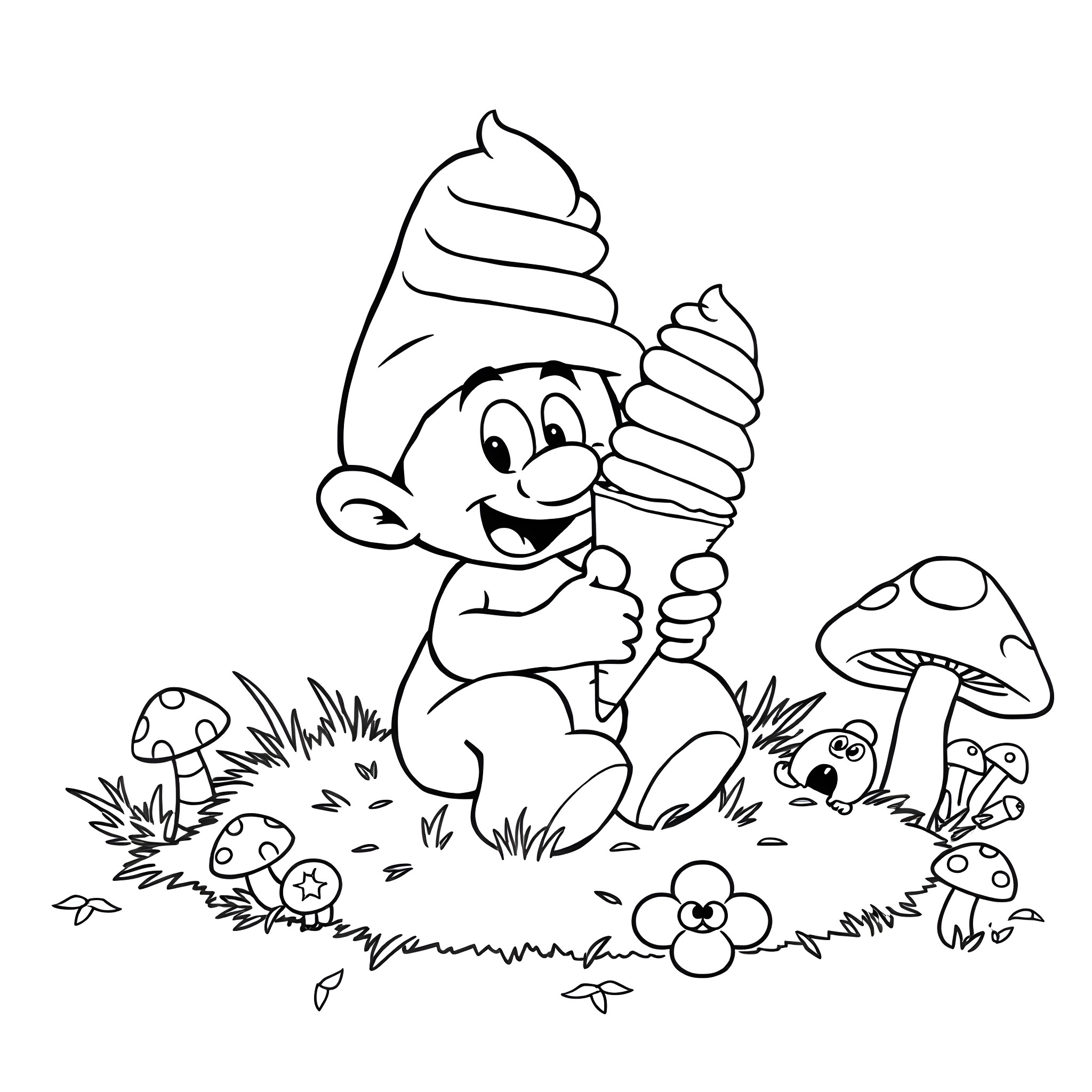 Smurf enjoying a tasty treat in the mushroom forest Coloring Page (free black-and-white line drawing printable PDF for all, from beginners to advanced learners, including children, teens, adults, and seniors)