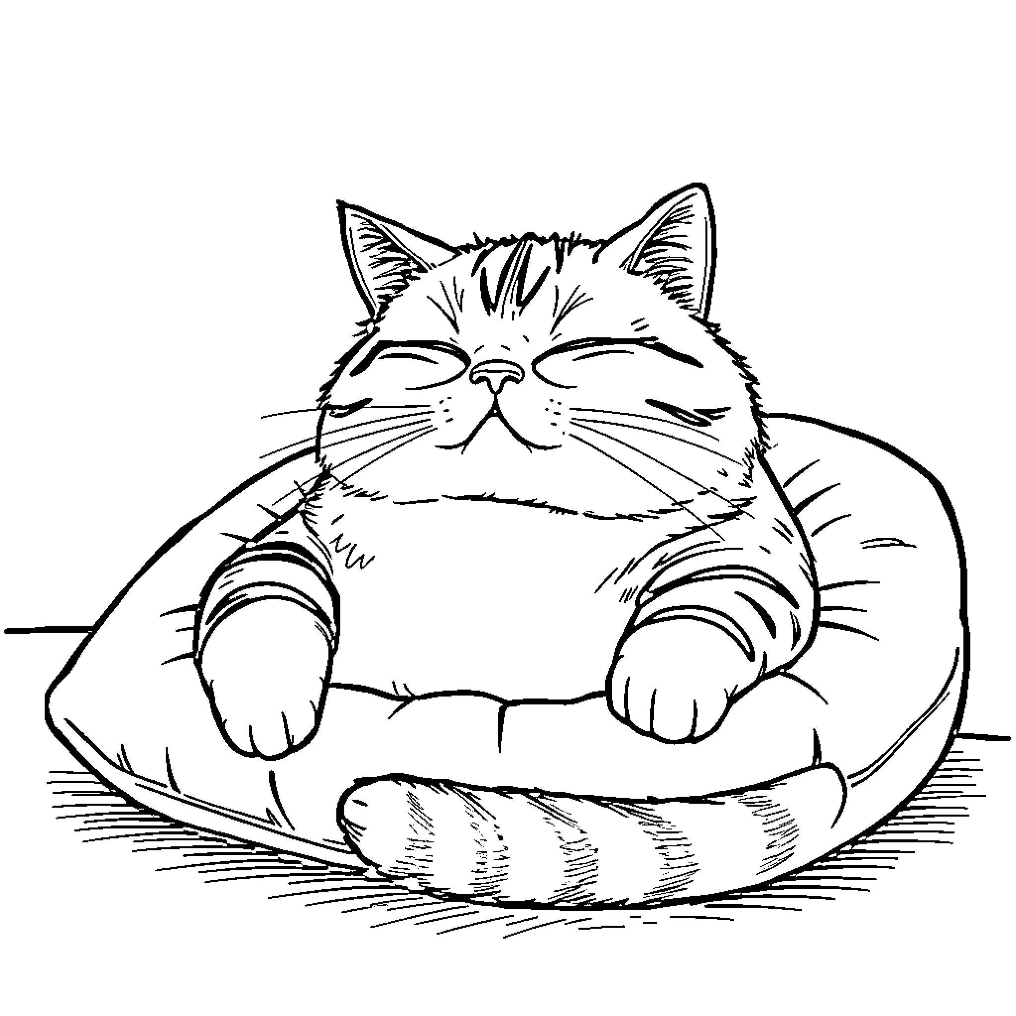 Cat resting comfortably in a cushion Coloring Page (free black-and-white line drawing printable PDF for all, from beginners to advanced learners, including children, teens, adults, and seniors)