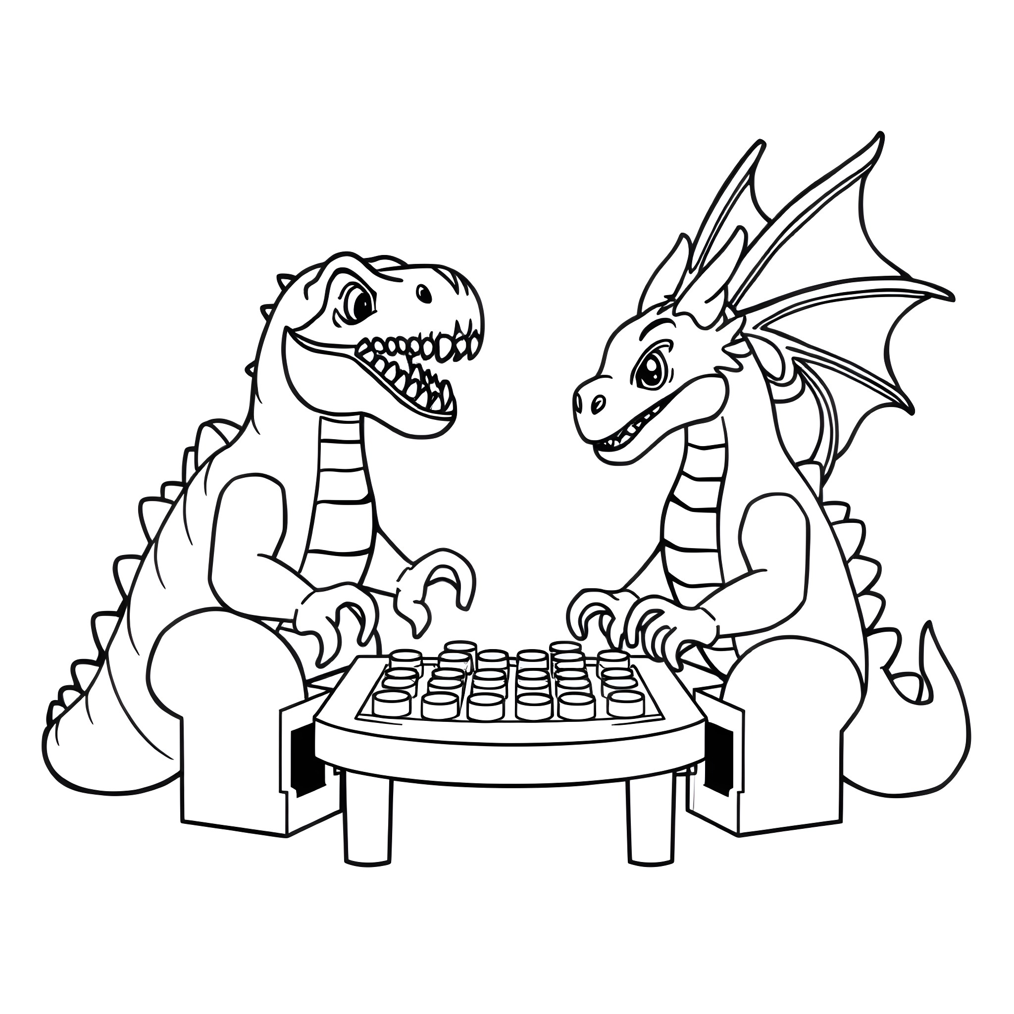 Dinosaurs playing board game together Coloring Page (free black-and-white line drawing printable PDF for all, from beginners to advanced learners, including children, teens, adults, and seniors)