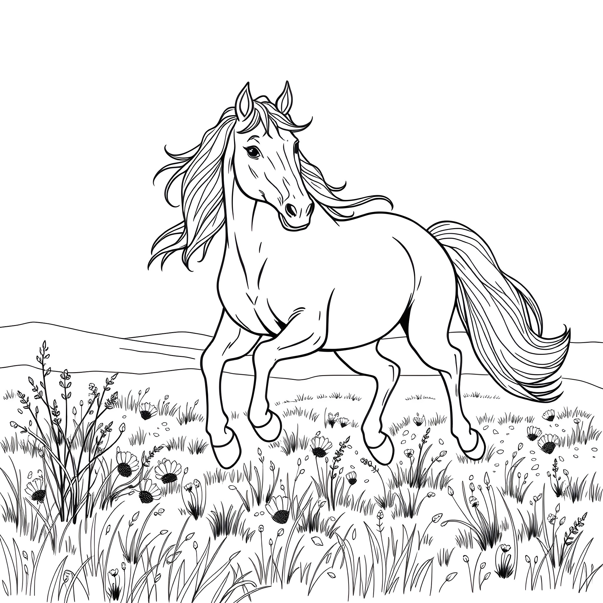 Stallion galloping through lush meadow Coloring Page (free black-and-white line drawing printable PDF for all, from beginners to advanced learners, including children, teens, adults, and seniors)