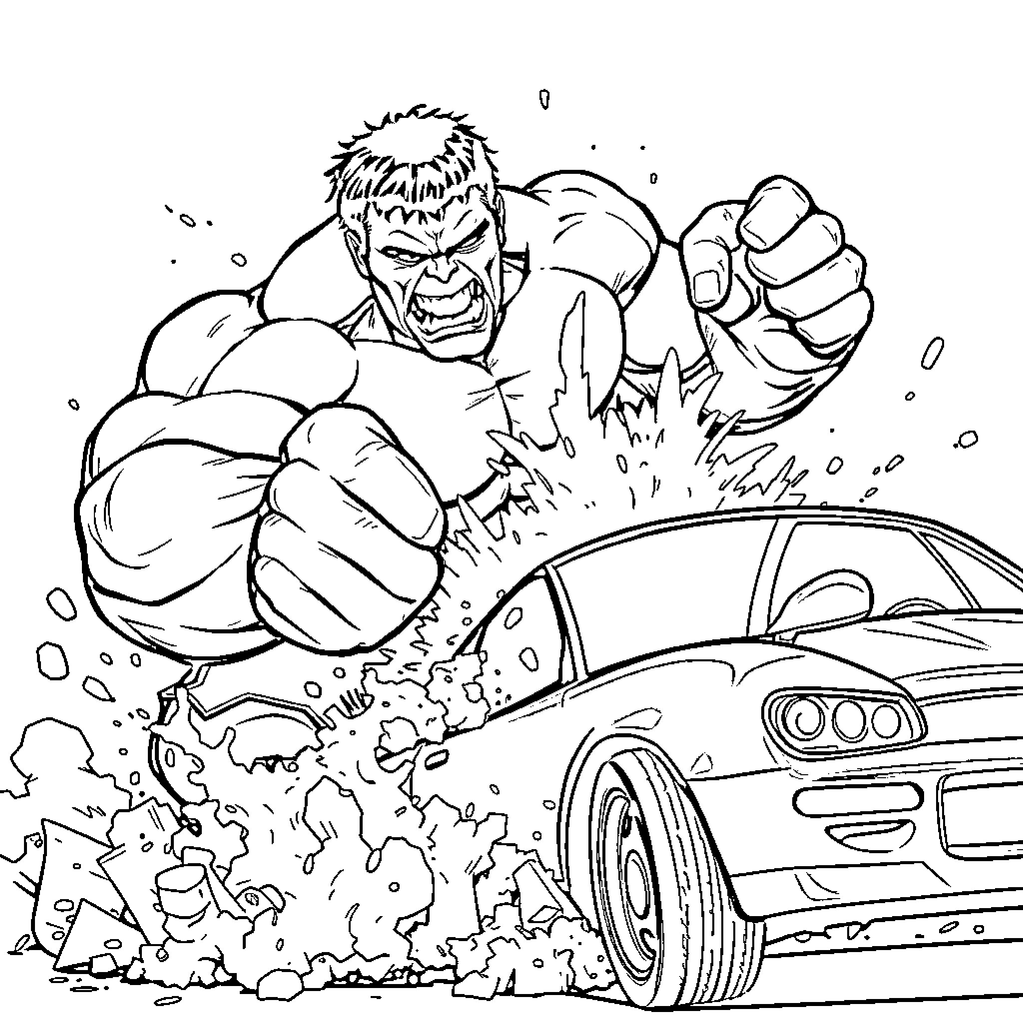 Hulk Smashing a Car with Intense Rage Coloring Page (free black-and-white line drawing printable PDF for all, from beginners to advanced learners, including children, teens, adults, and seniors)
