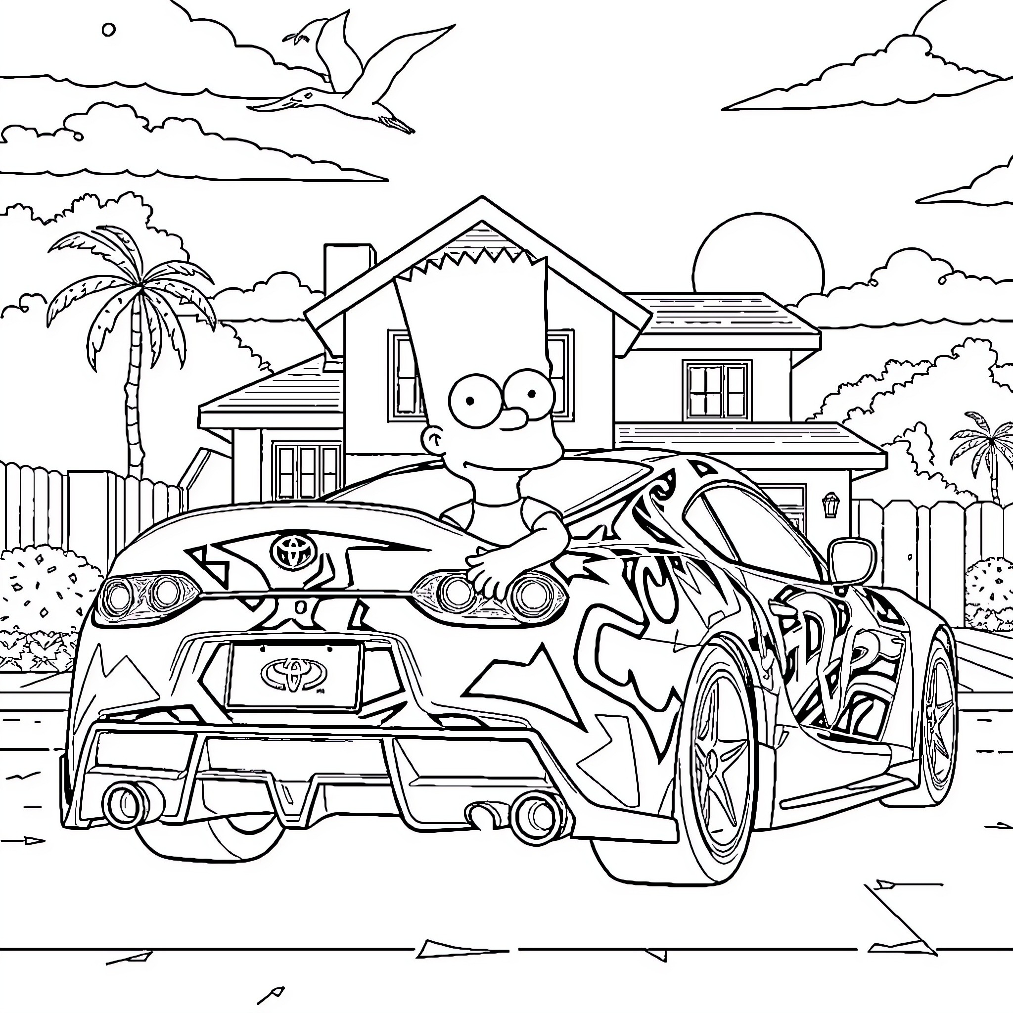 Bart Simpson and his tricked-out car in the suburbs Coloring Page (free black-and-white line drawing printable PDF for all, from beginners to advanced learners, including children, teens, adults, and seniors)