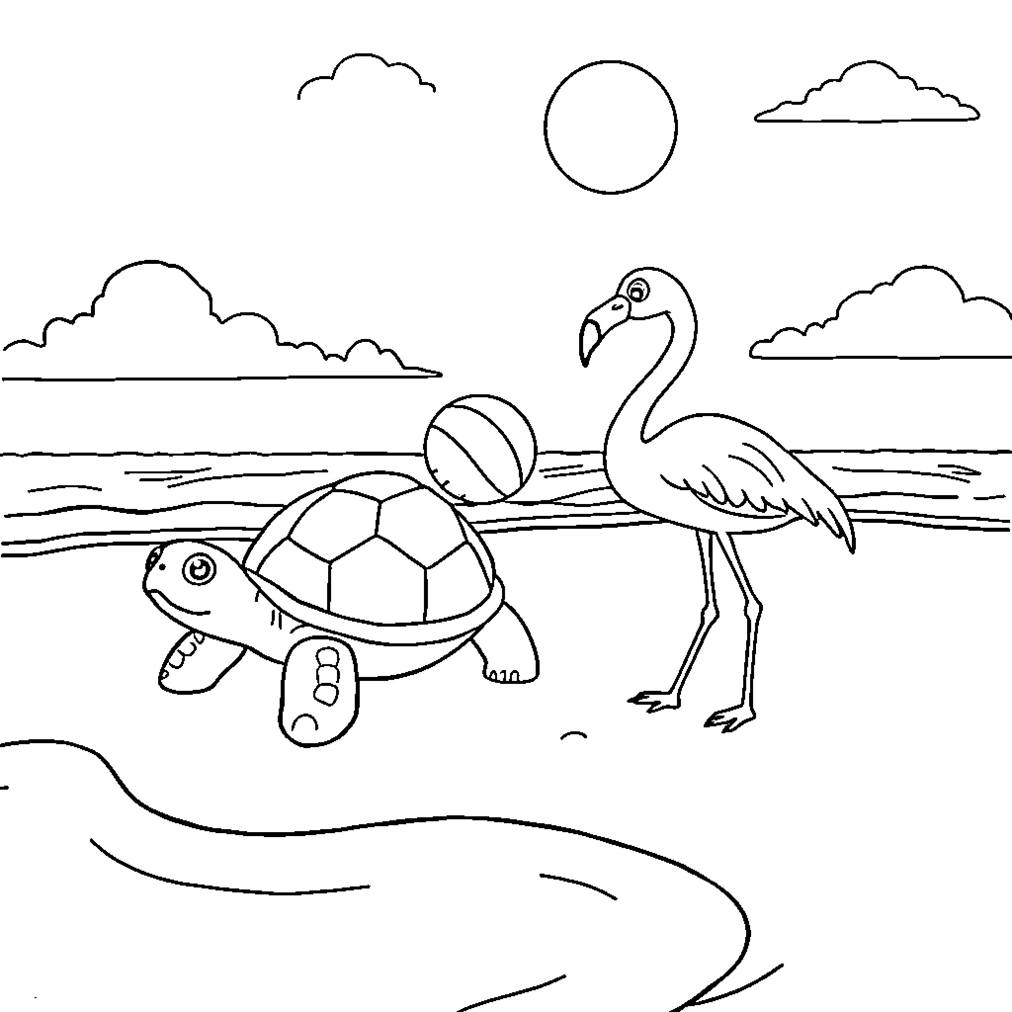 Turtle and flamingo enjoying beach scene Coloring Page (free black-and-white line drawing printable PDF for all, from beginners to advanced learners, including children, teens, adults, and seniors)