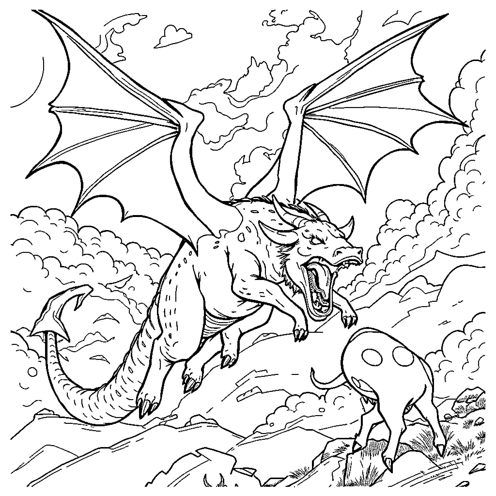 Dragon soaring through the cloudy skies Coloring Page (free black-and-white line drawing printable PDF for all, from beginners to advanced learners, including children, teens, adults, and seniors)