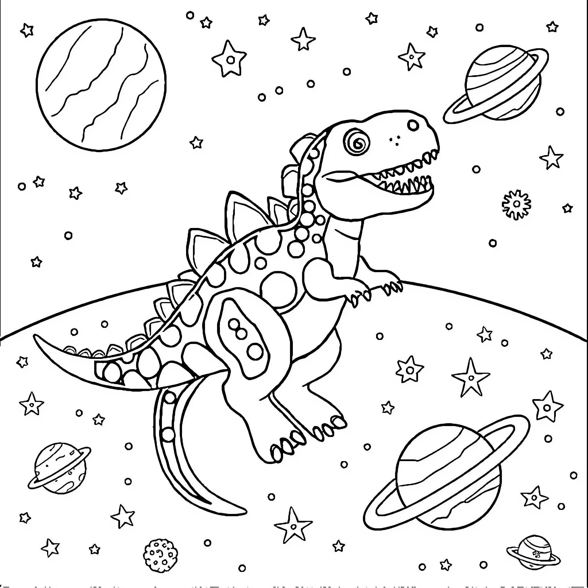Dinosaur exploring the cosmos Coloring Page (free black-and-white line drawing printable PDF for all, from beginners to advanced learners, including children, teens, adults, and seniors)