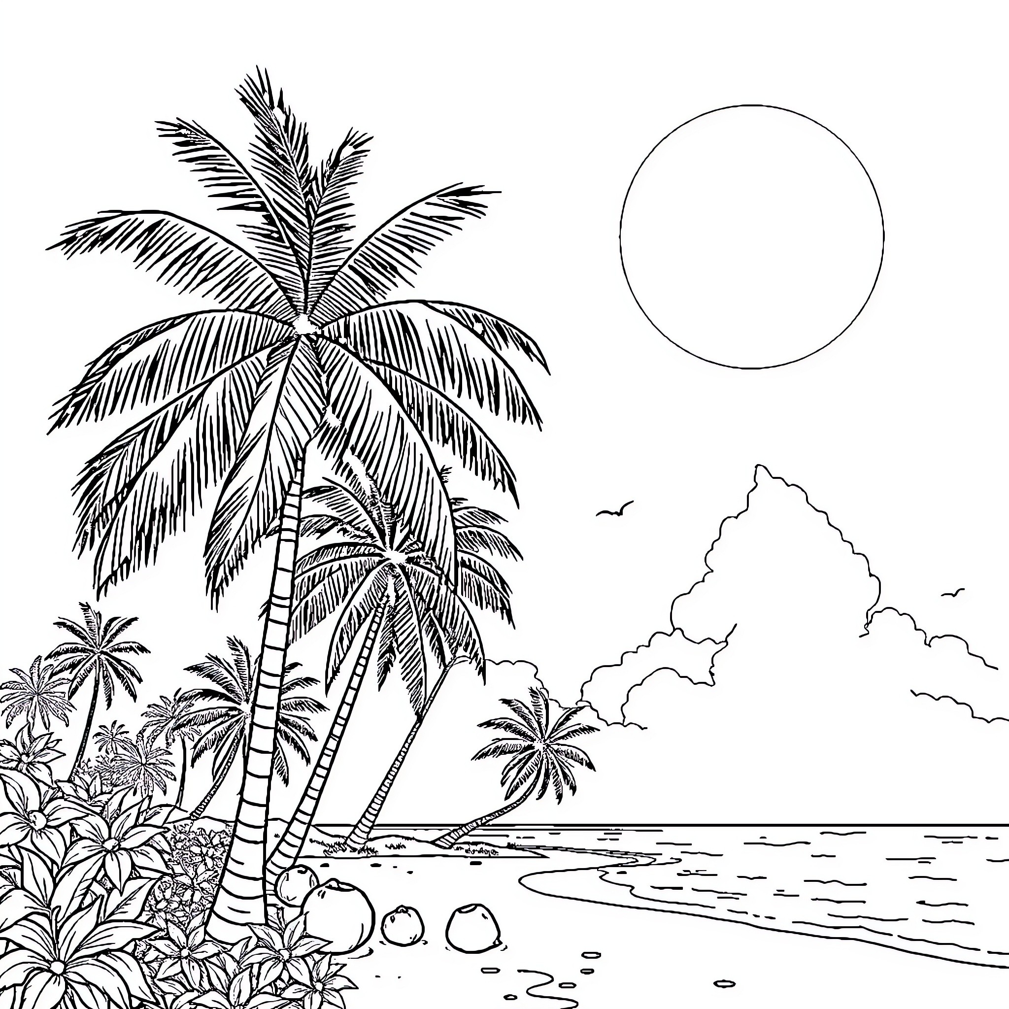 Beach with palm trees and serene ocean view Coloring Page (free black-and-white line drawing printable PDF for all, from beginners to advanced learners, including children, teens, adults, and seniors)