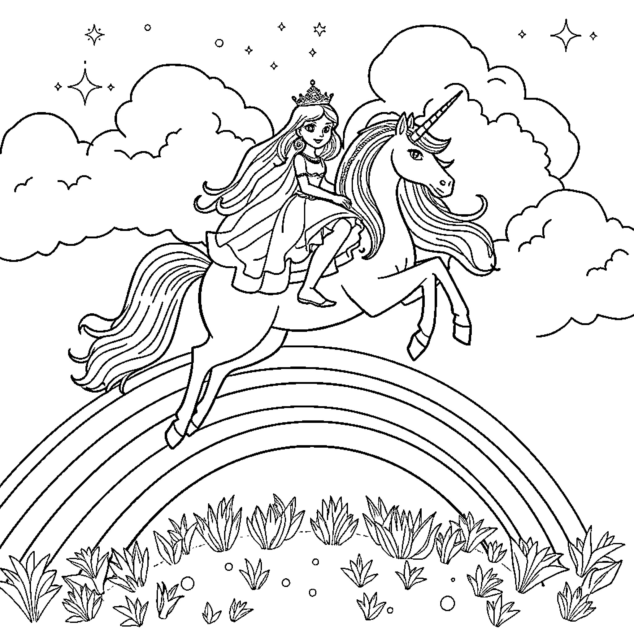 Princess riding a magical unicorn in the sky Coloring Page (free black-and-white line drawing printable PDF for all, from beginners to advanced learners, including children, teens, adults, and seniors)