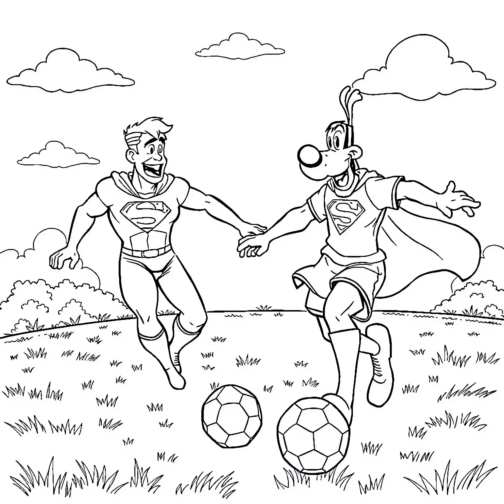 Superman and his sidekick playing soccer in the park Coloring Page (free black-and-white line drawing printable PDF for all, from beginners to advanced learners, including children, teens, adults, and seniors)