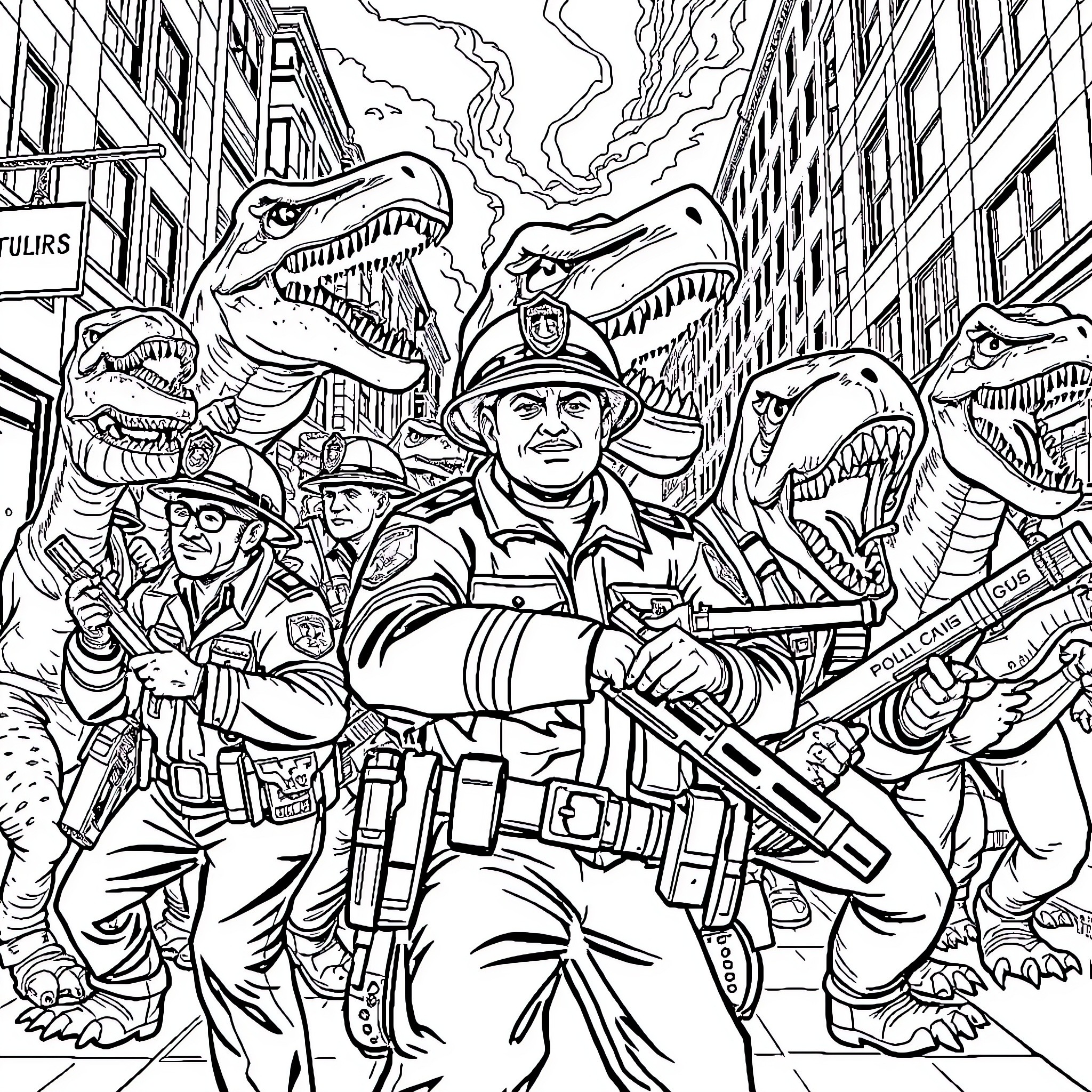Dinosaur Defenders Fighting Against Prehistoric Threats Coloring Page (free black-and-white line drawing printable PDF for all, from beginners to advanced learners, including children, teens, adults, and seniors)