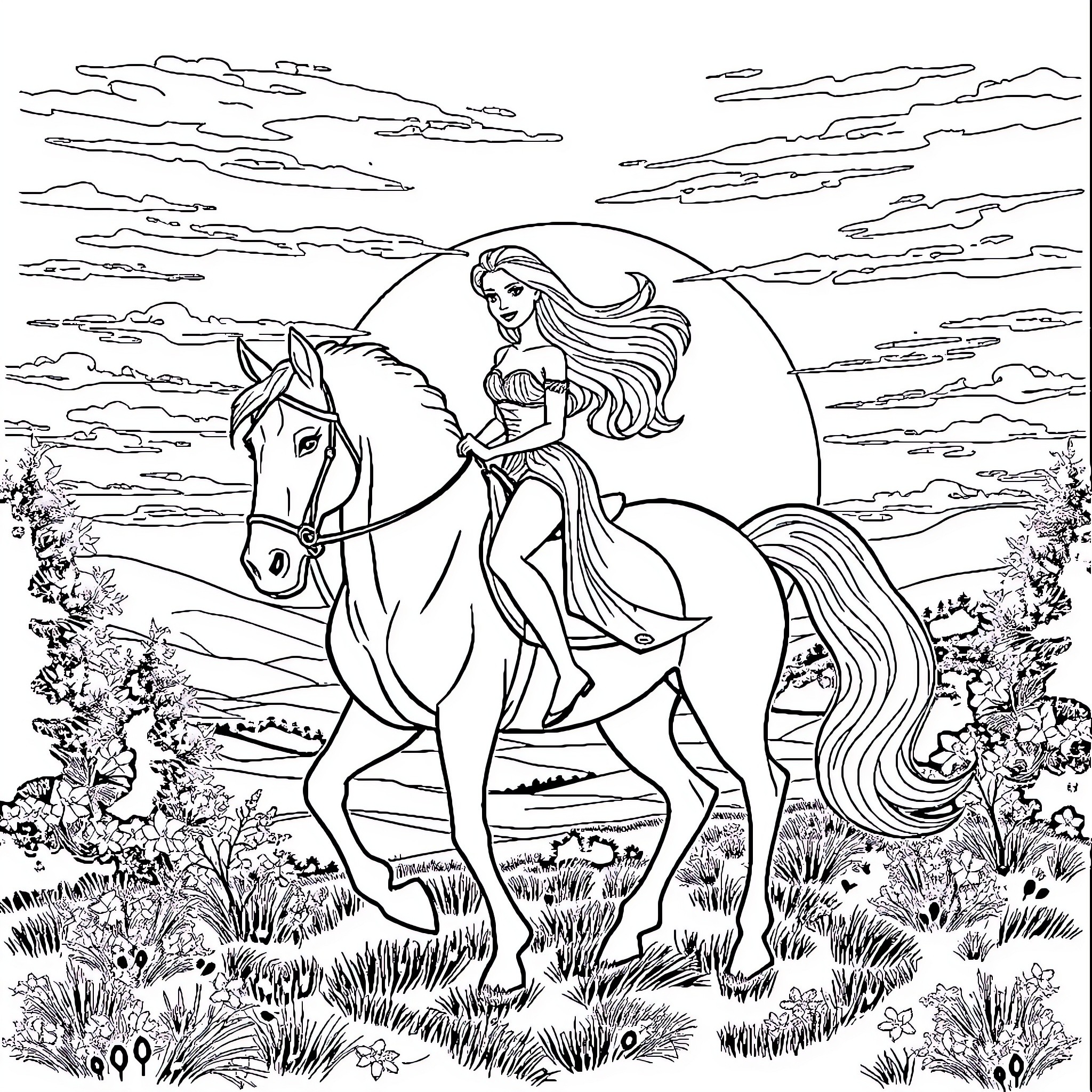 Barbie riding a horse in a serene landscape Coloring Page (free black-and-white line drawing printable PDF for all, from beginners to advanced learners, including children, teens, adults, and seniors)