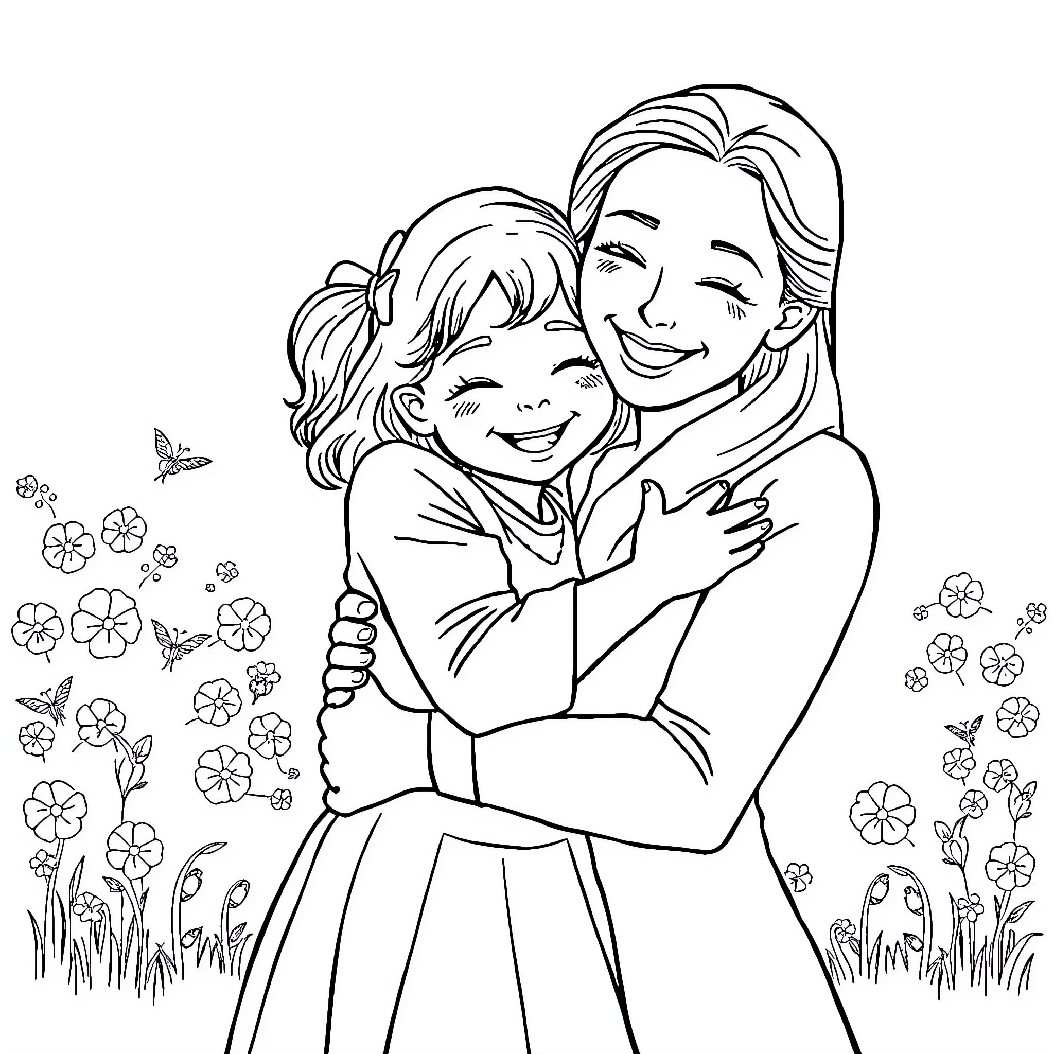 Mom and daughter embrace happily in a flower field Coloring Page (free black-and-white line drawing printable PDF for all, from beginners to advanced learners, including children, teens, adults, and seniors)