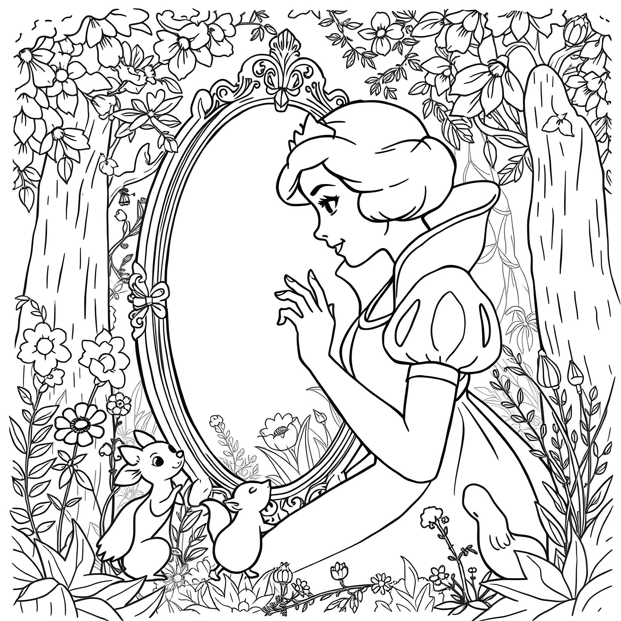Magic Mirror Reflecting a Whimsical Princess Coloring Page (free black-and-white line drawing printable PDF for all, from beginners to advanced learners, including children, teens, adults, and seniors)