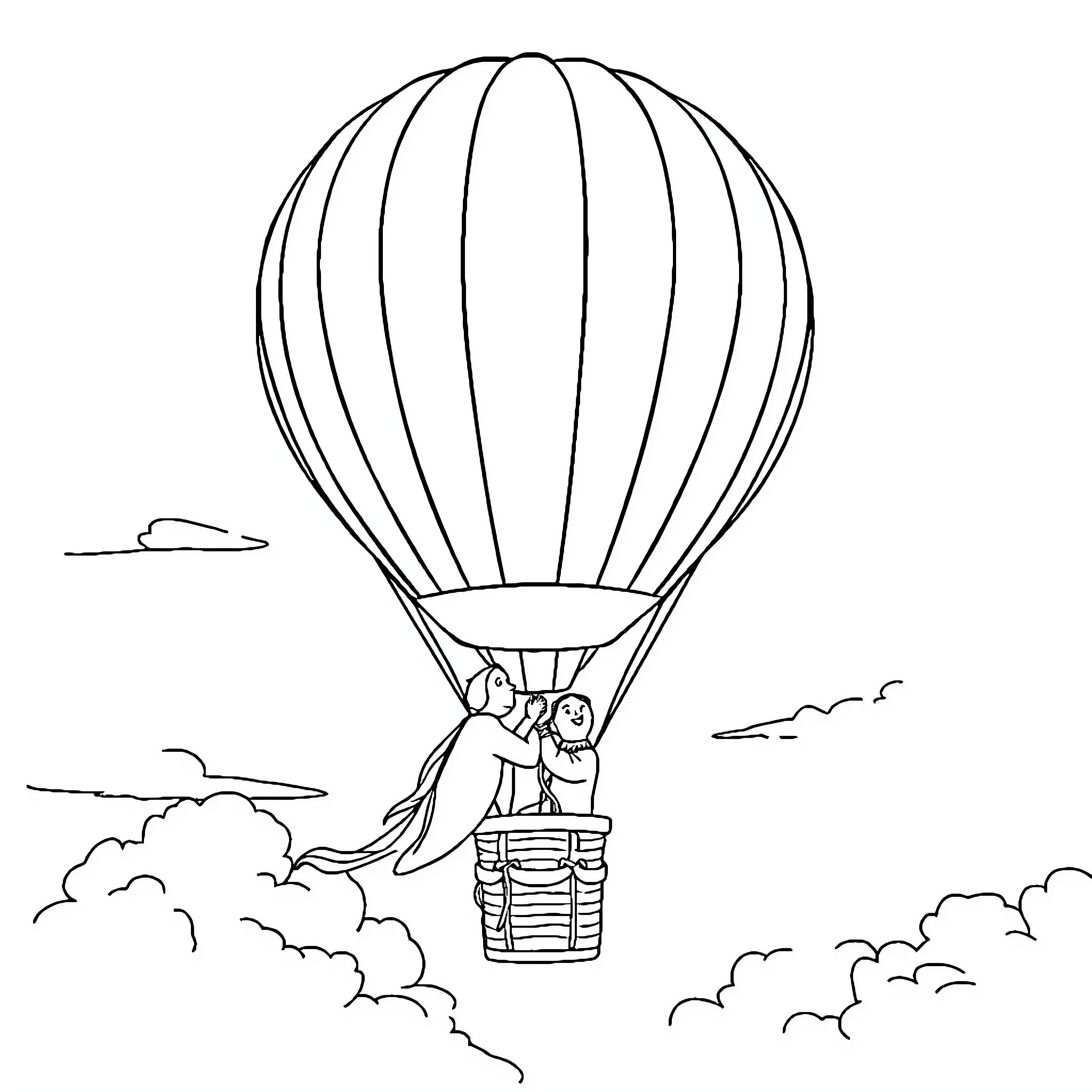 Balonudara couple floating in hot air balloon Coloring Page (free black-and-white line drawing printable PDF for all, from beginners to advanced learners, including children, teens, adults, and seniors)