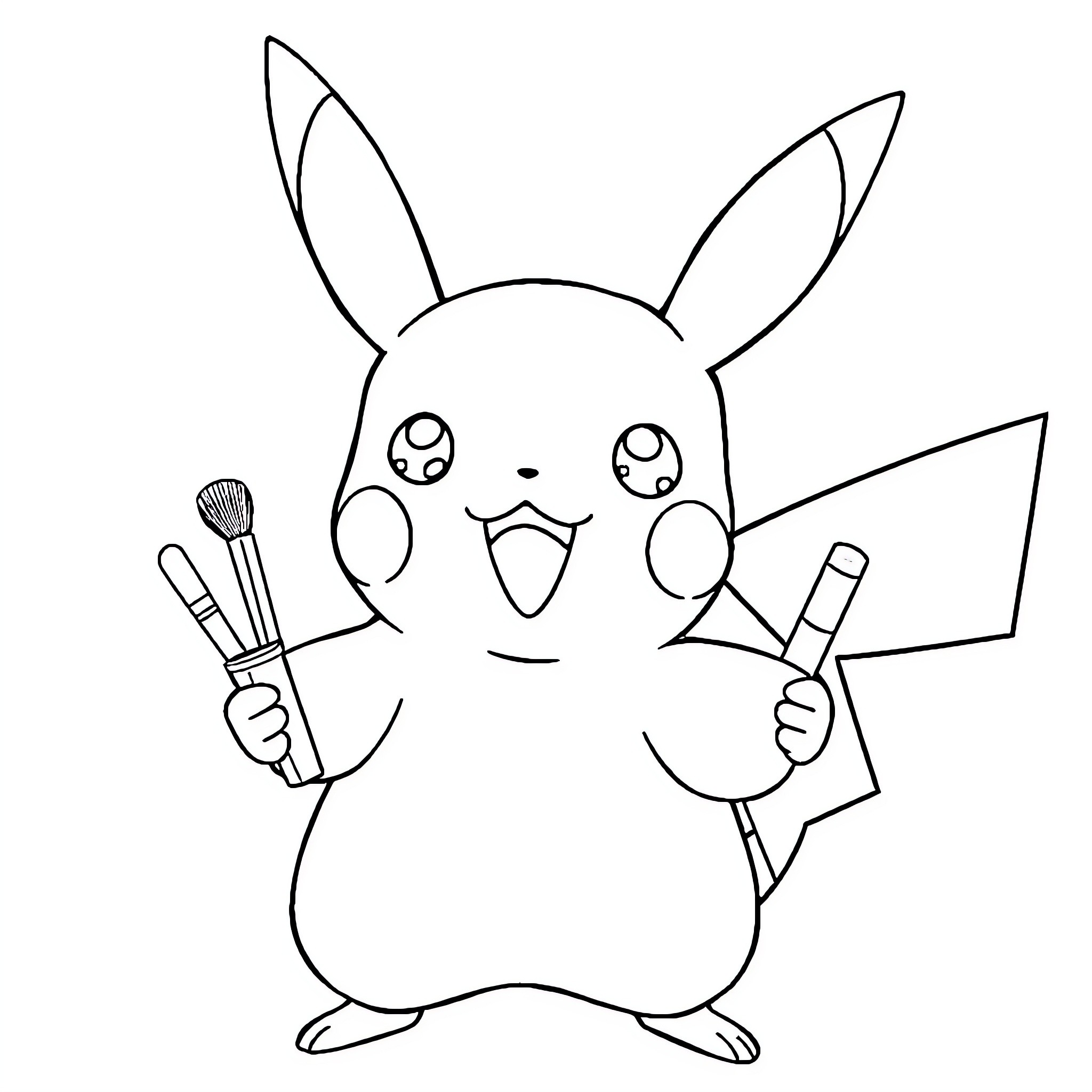 Pikachu holding art supplies with a happy expression Coloring Page (free black-and-white line drawing printable PDF for all, from beginners to advanced learners, including children, teens, adults, and seniors)