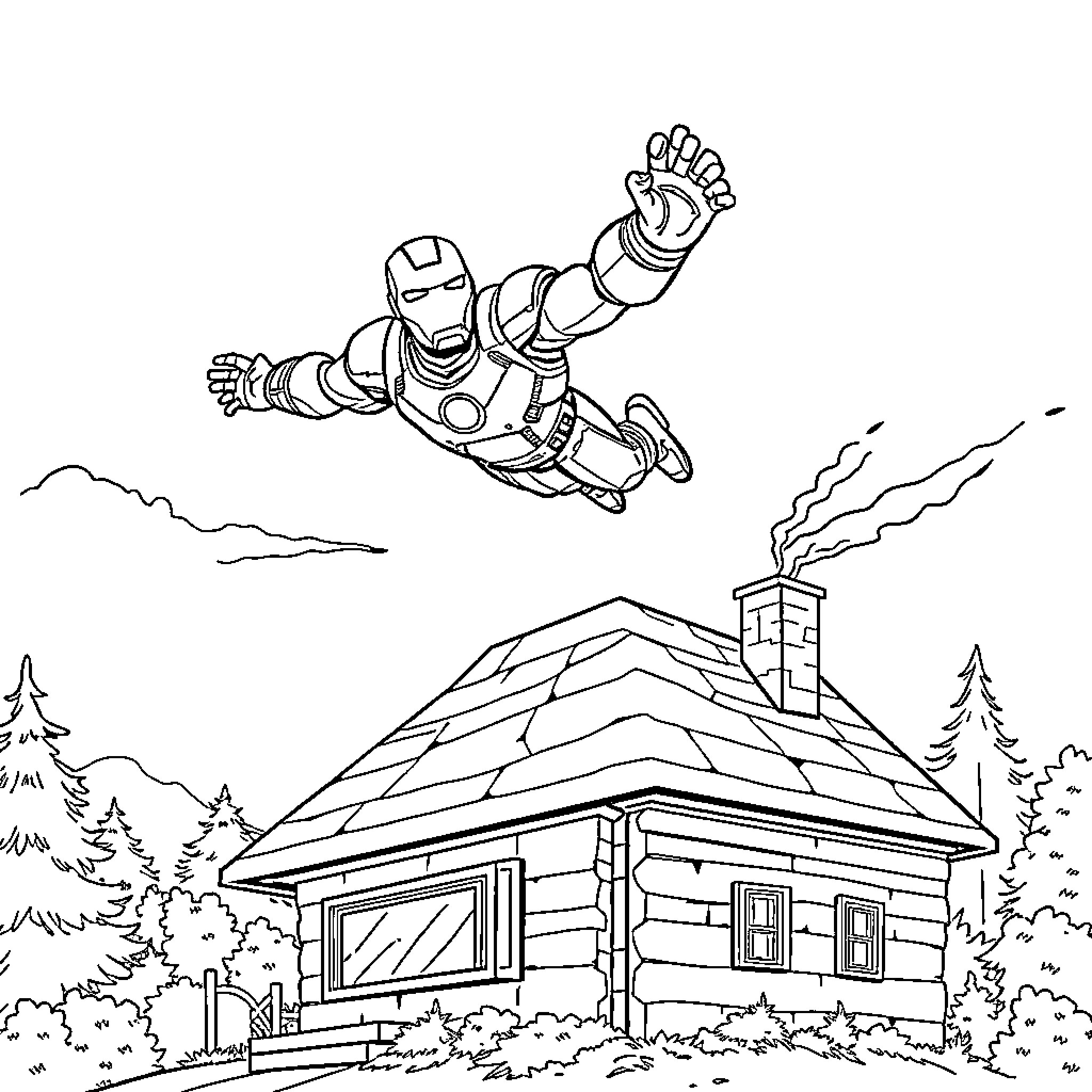 Ironman soaring through the sky above a cozy cabin Coloring Page (free black-and-white line drawing printable PDF for all, from beginners to advanced learners, including children, teens, adults, and seniors)