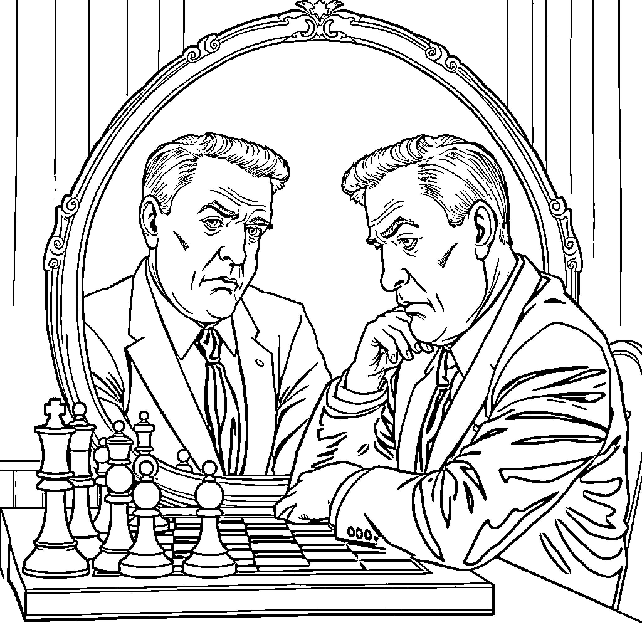 Viktor Orban Contemplating Chess Moves Coloring Page (free black-and-white line drawing printable PDF for all, from beginners to advanced learners, including children, teens, adults, and seniors)