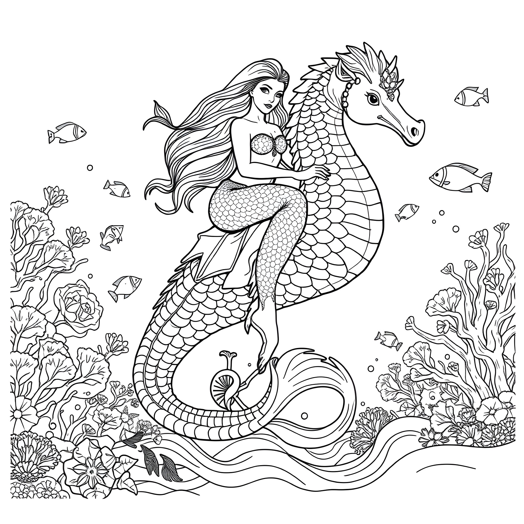 Mermaid Riding a Magical Seahorse in the Underwater Wonderland Coloring Page (free black-and-white line drawing printable PDF for all, from beginners to advanced learners, including children, teens, adults, and seniors)