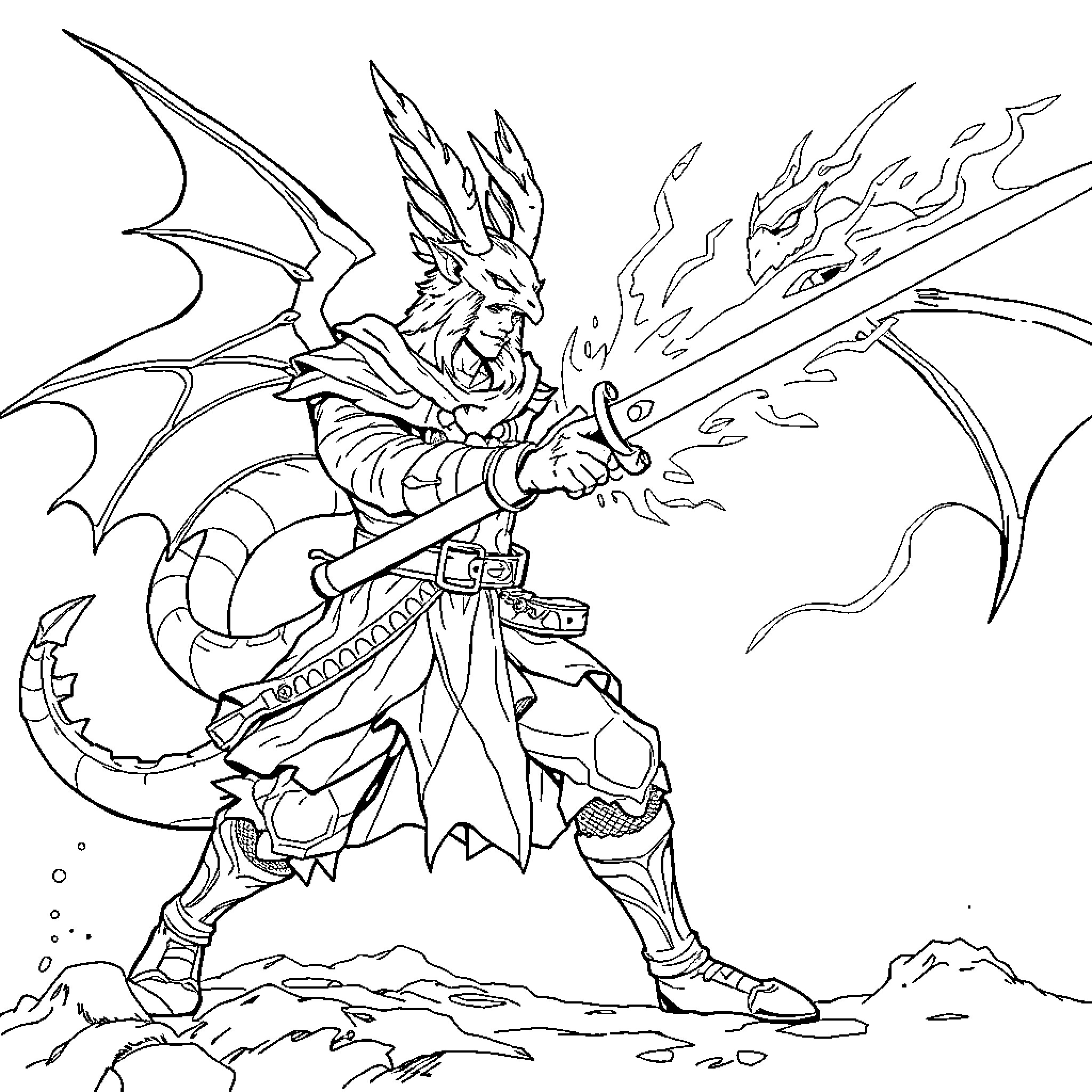 Halfling warrior unleashing fiery magic in battle Coloring Page (free black-and-white line drawing printable PDF for all, from beginners to advanced learners, including children, teens, adults, and seniors)