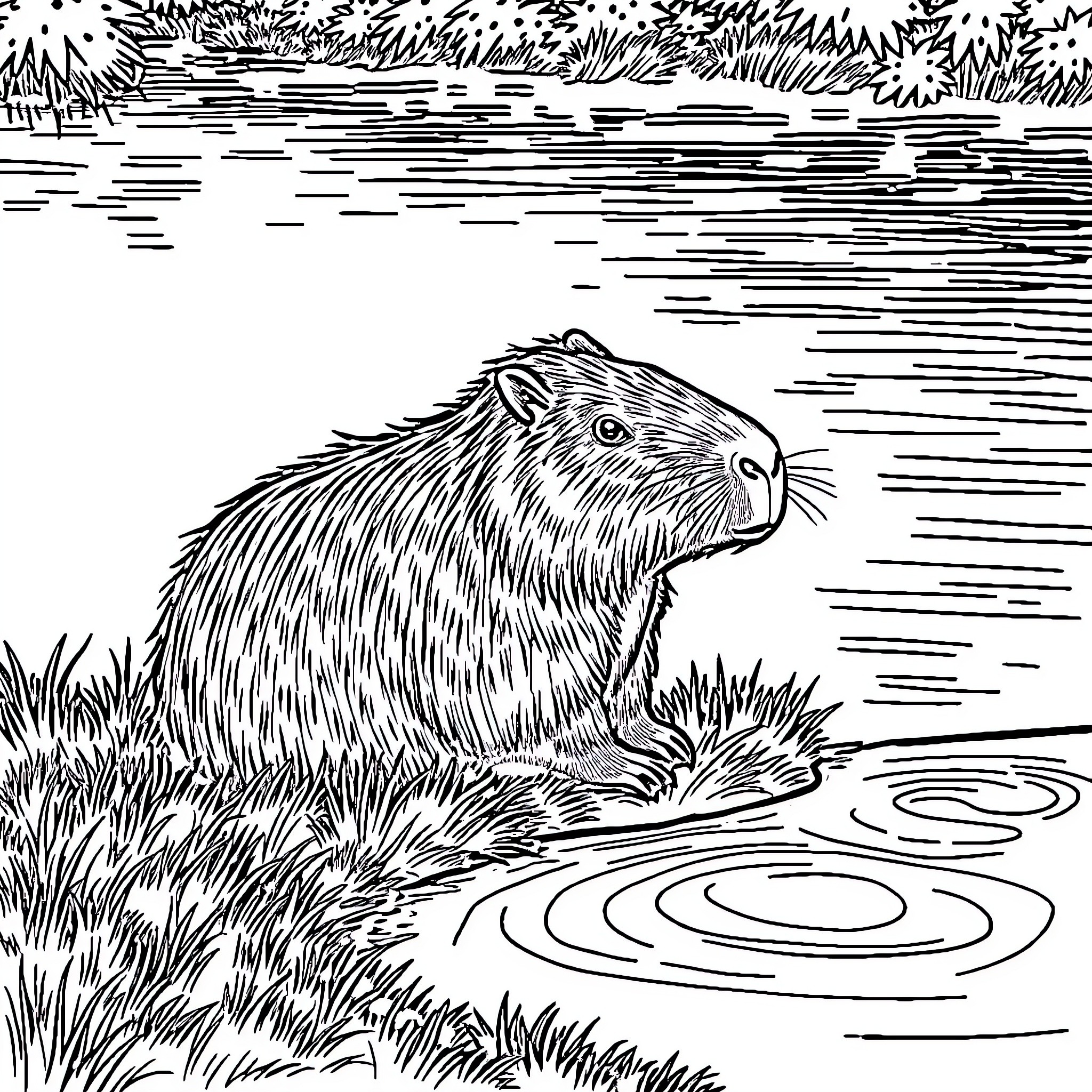 Capybara enjoying a tranquil moment by the water Coloring Page (free black-and-white line drawing printable PDF for all, from beginners to advanced learners, including children, teens, adults, and seniors)