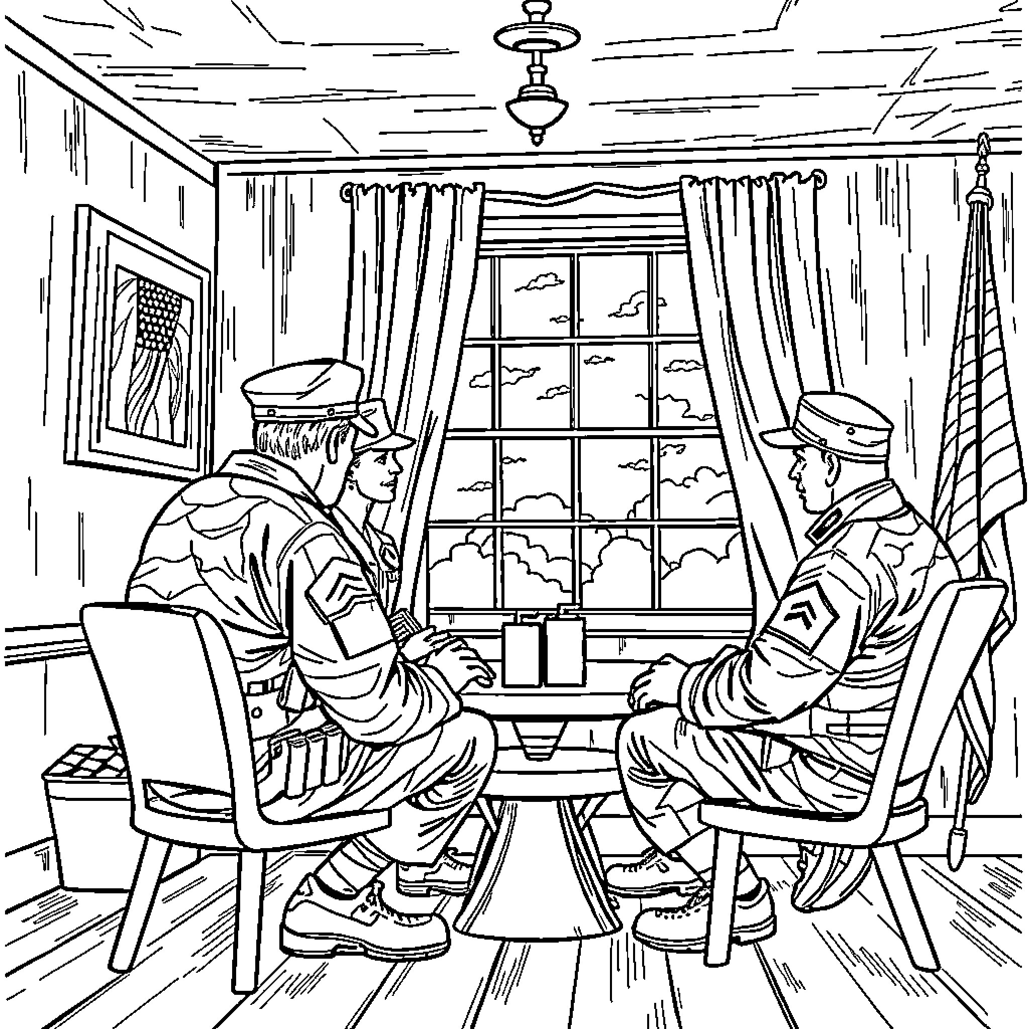 Veteran officers discussing strategic plans in a military office Coloring Page (free black-and-white line drawing printable PDF for all, from beginners to advanced learners, including children, teens, adults, and seniors)