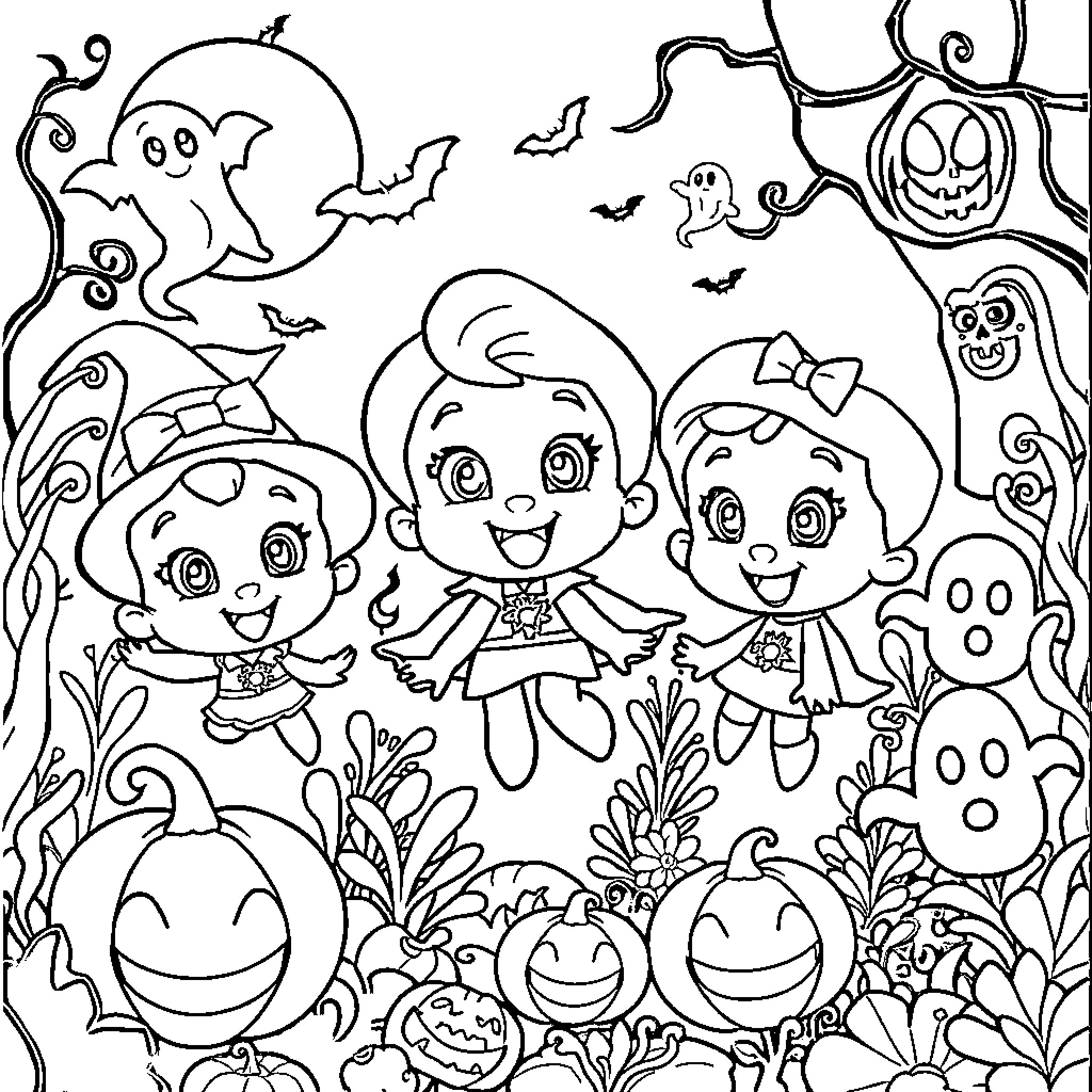 Bubble Guppies dressed up for a spooky Halloween party Coloring Page (free black-and-white line drawing printable PDF for all, from beginners to advanced learners, including children, teens, adults, and seniors)