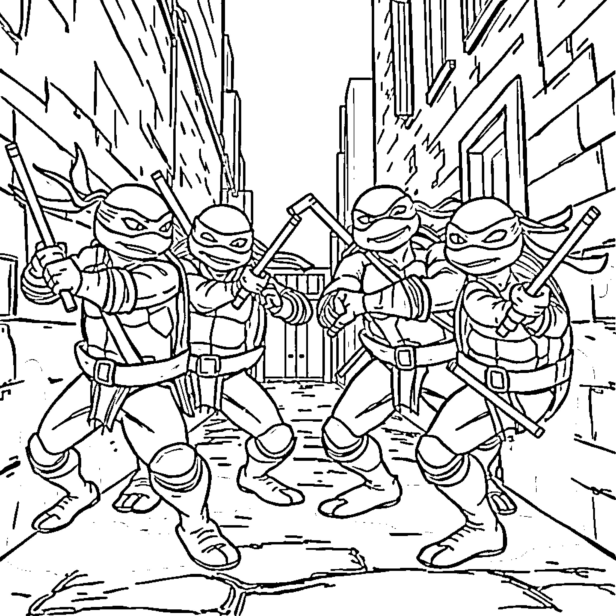 Teenage Mutant Ninja Turtles in action-packed battle scene Coloring Page (free black-and-white line drawing printable PDF for all, from beginners to advanced learners, including children, teens, adults, and seniors)
