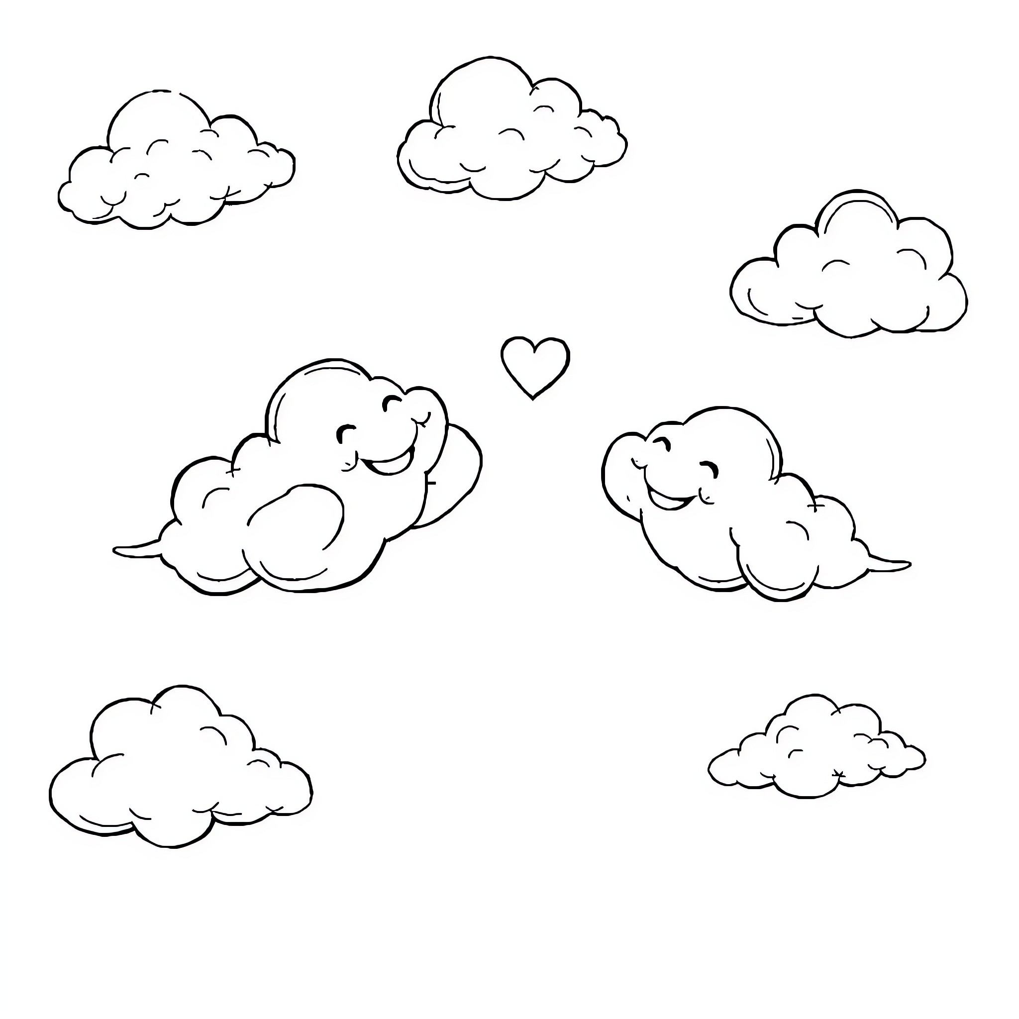 Cloud Cartoon Scenes with Friendly Expressions Coloring Page (free black-and-white line drawing printable PDF for all, from beginners to advanced learners, including children, teens, adults, and seniors)