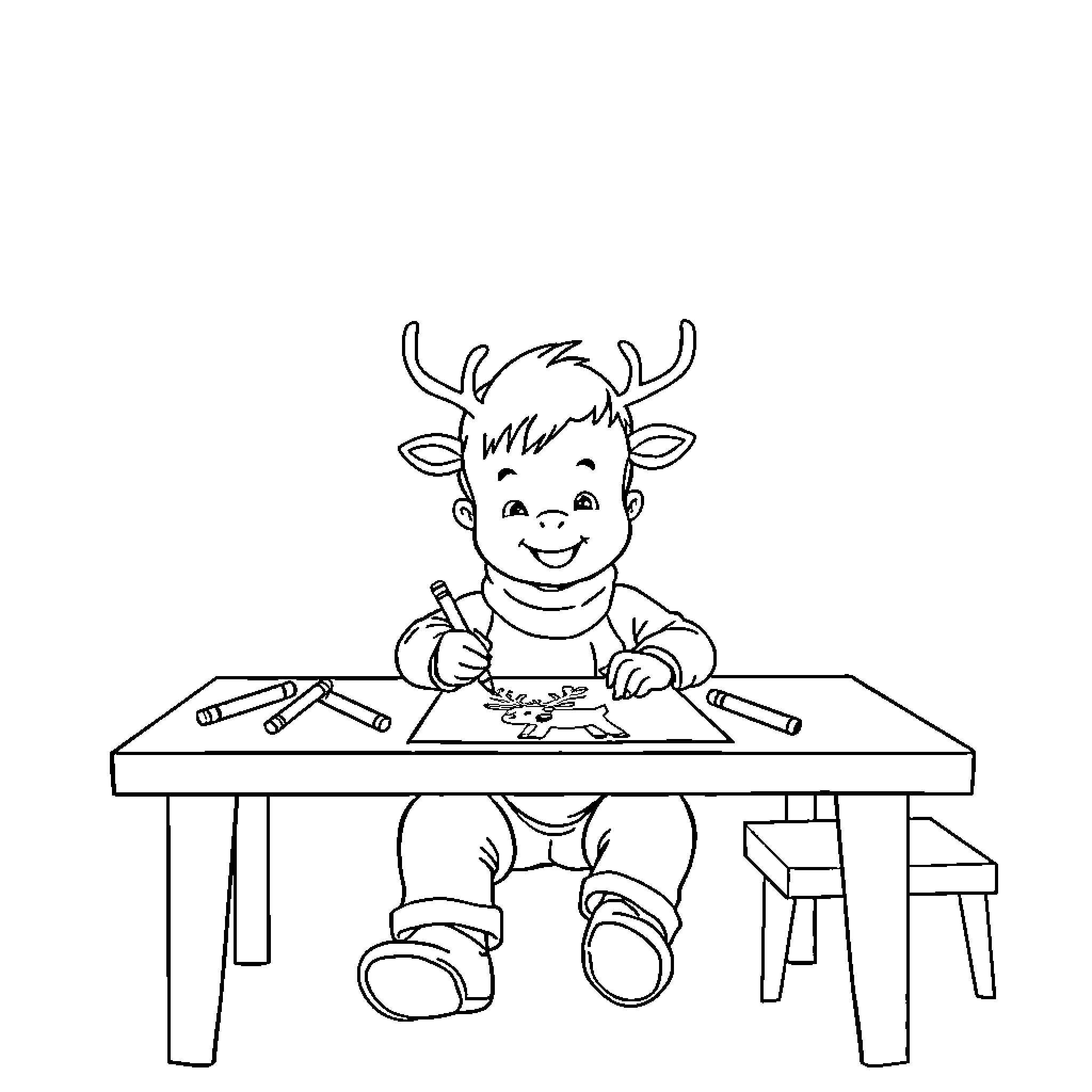 Reindeer child drawing at the table Coloring Page (free black-and-white line drawing printable PDF for all, from beginners to advanced learners, including children, teens, adults, and seniors)