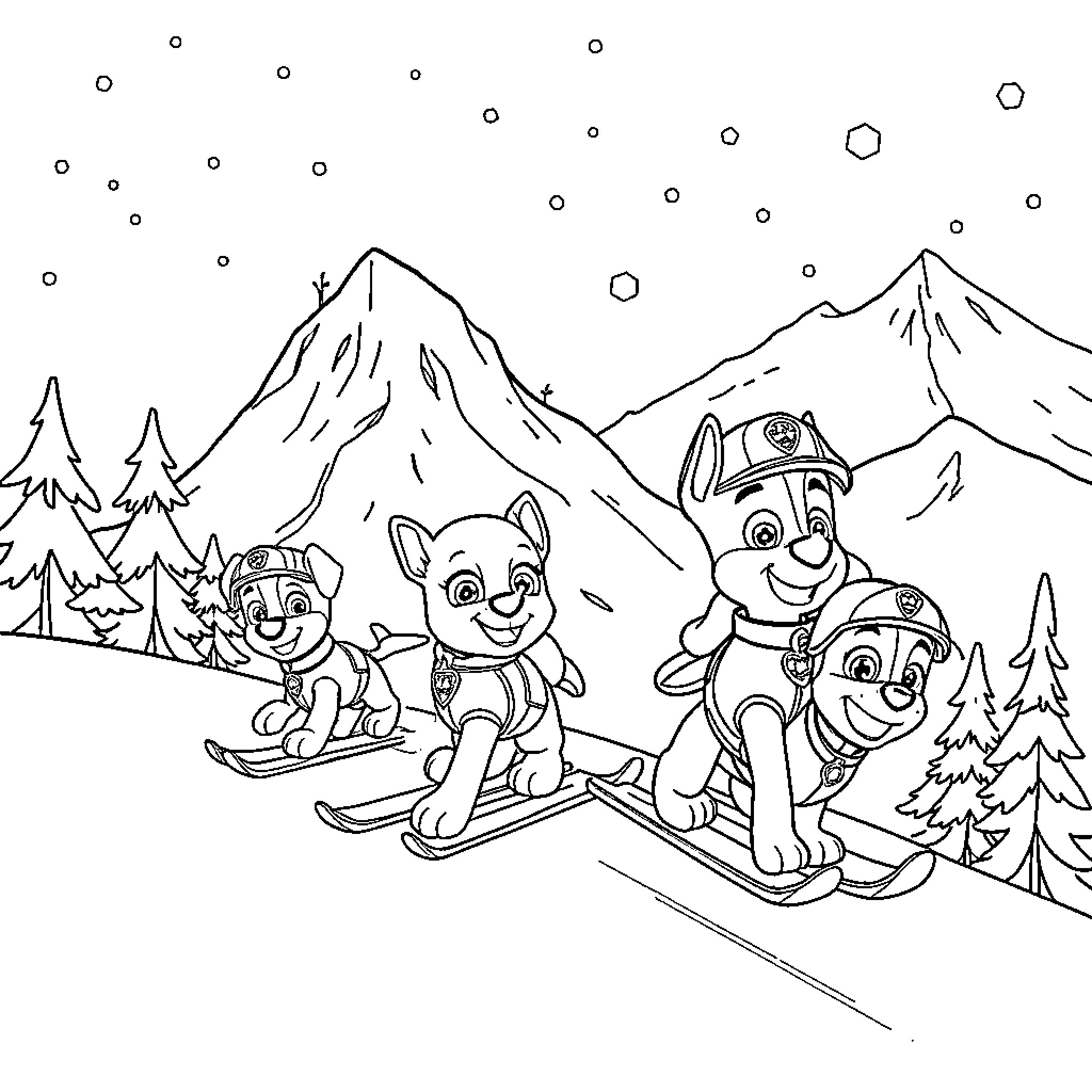 Paw Patrol skiing on the snowy mountains Coloring Page (free black-and-white line drawing printable PDF for all, from beginners to advanced learners, including children, teens, adults, and seniors)