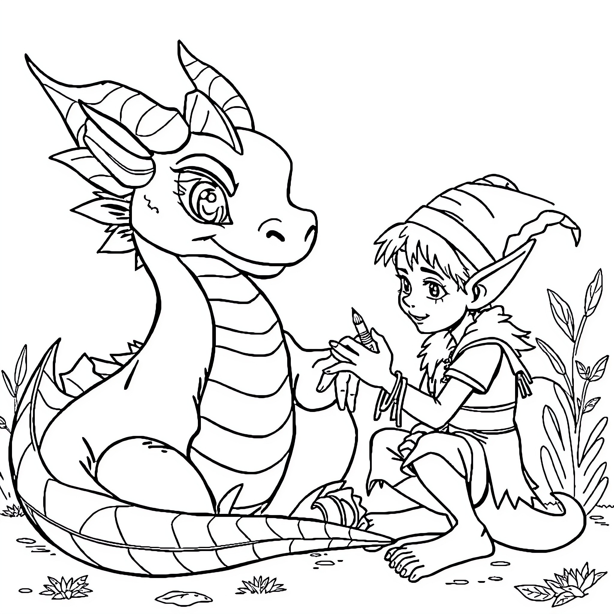 Dragon and Elf Adventurers in the Forest Coloring Page (free black-and-white line drawing printable PDF for all, from beginners to advanced learners, including children, teens, adults, and seniors)