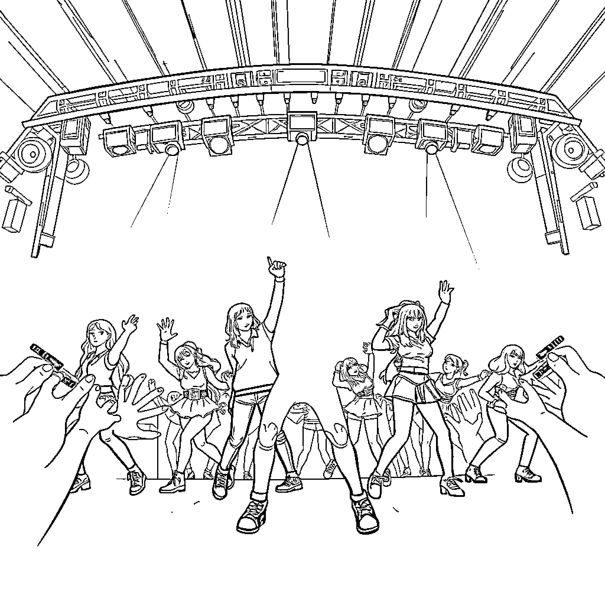 K Pop Performers Energetically Dancing on Stage Coloring Page (free black-and-white line drawing printable PDF for all, from beginners to advanced learners, including children, teens, adults, and seniors)