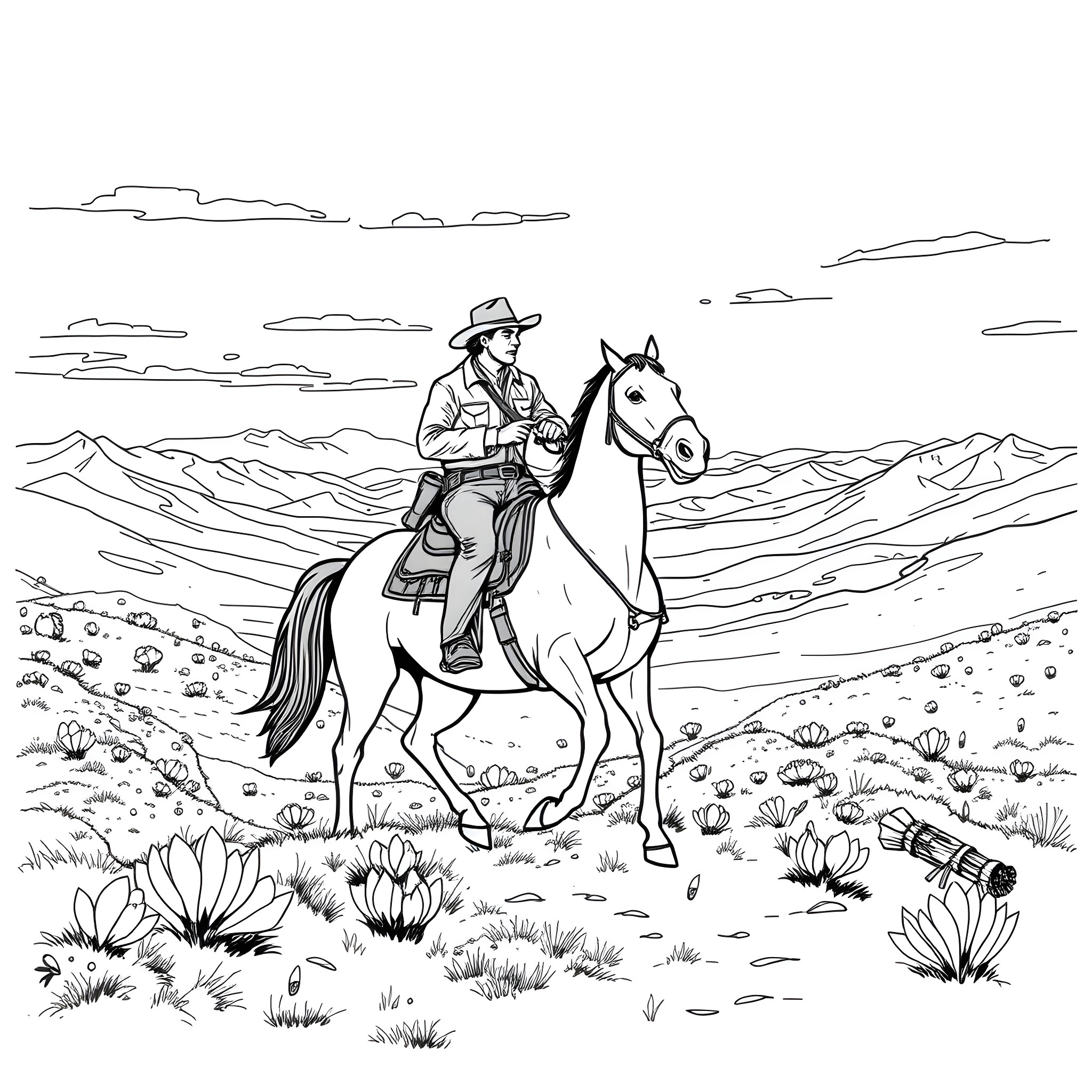 Horse-Rider in the Mountain Landscape Coloring Page (free black-and-white line drawing printable PDF for all, from beginners to advanced learners, including children, teens, adults, and seniors)